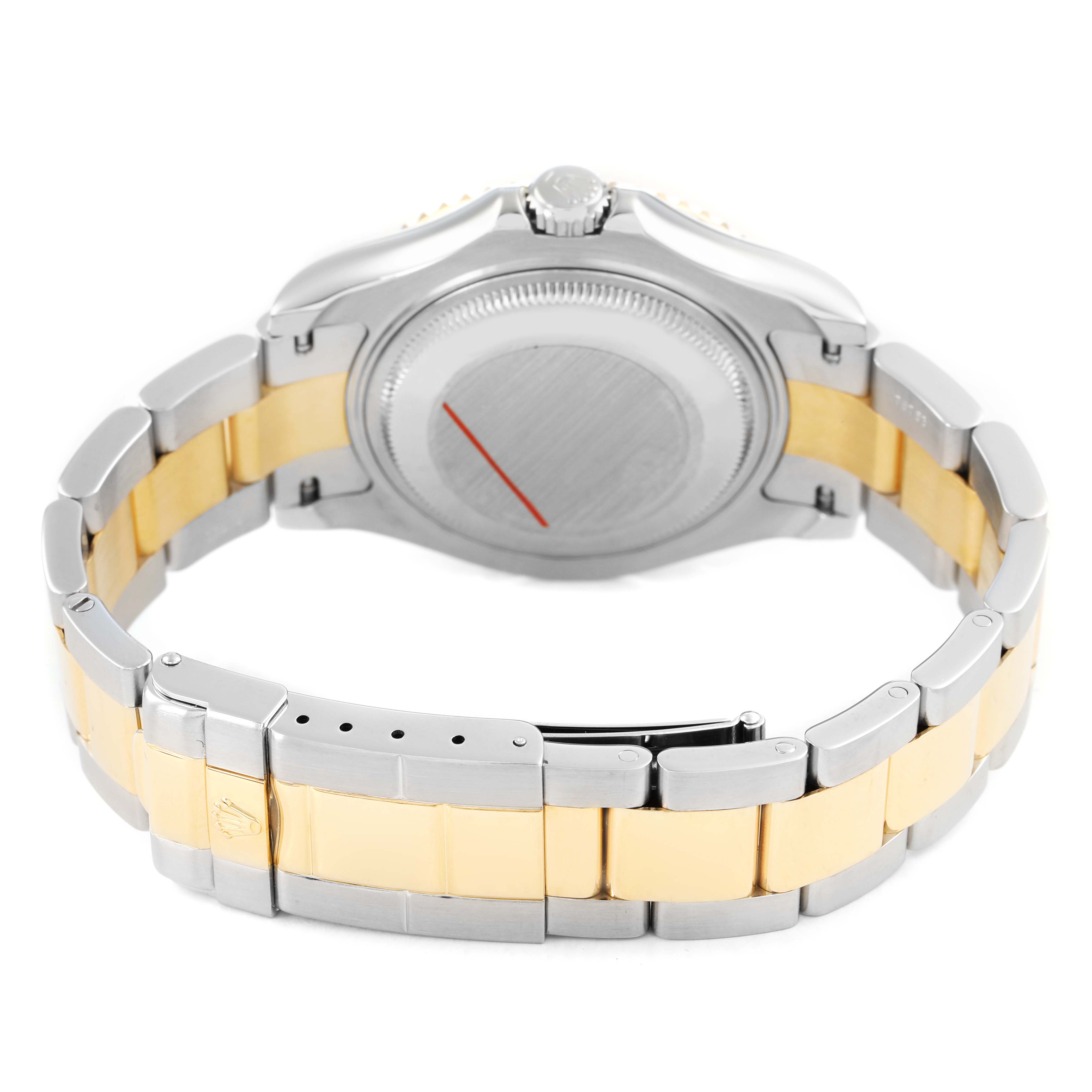 The image shows the back of a Rolex Yacht-Master 168623 Men's Steel and Gold (two tone) White Dial watch, highlighting the caseback and two-tone bracelet.