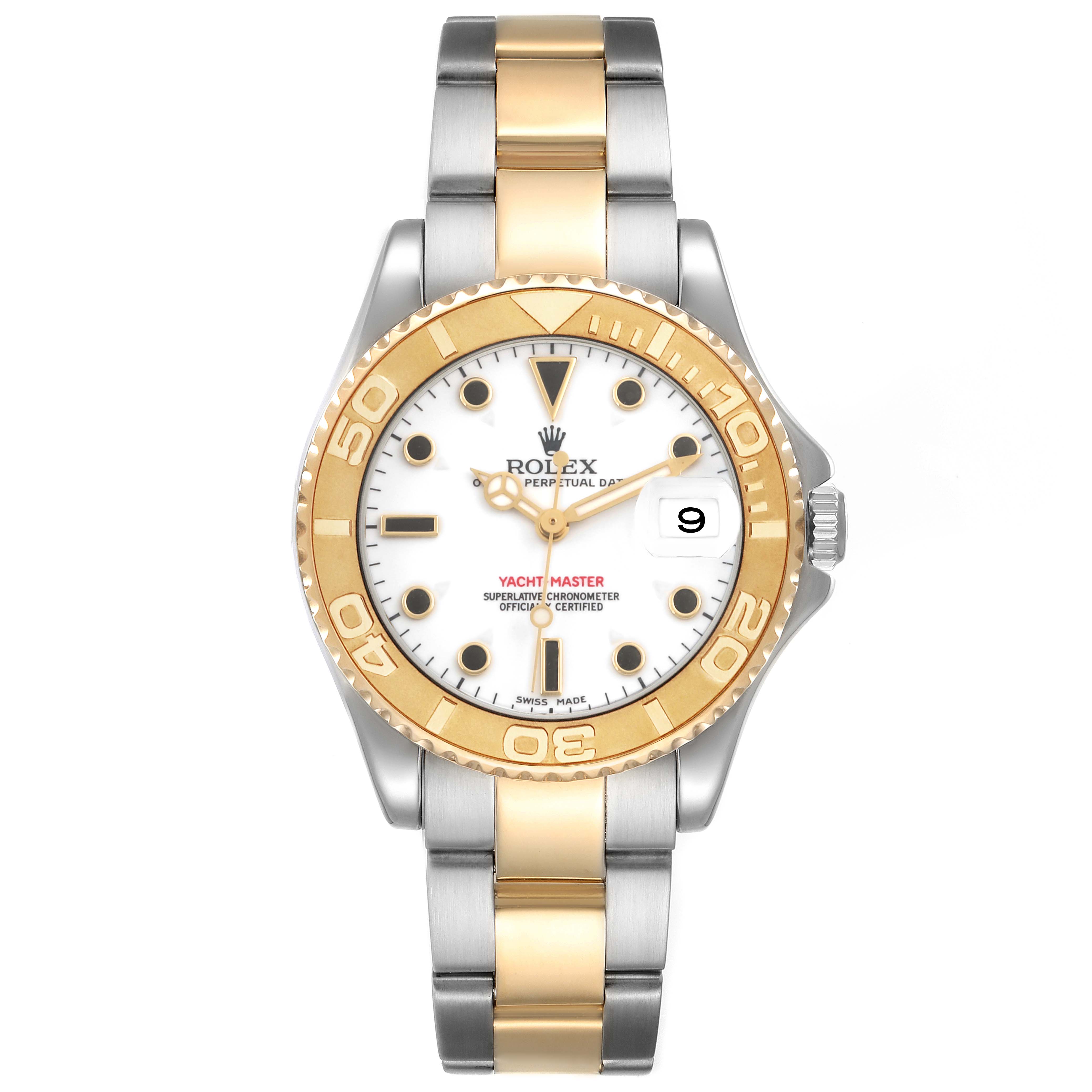 The Rolex Yacht-Master 168623 Men's Steel and Gold (two tone) White Dial watch is shown from the front, displaying the dial, bezel, and bracelet.