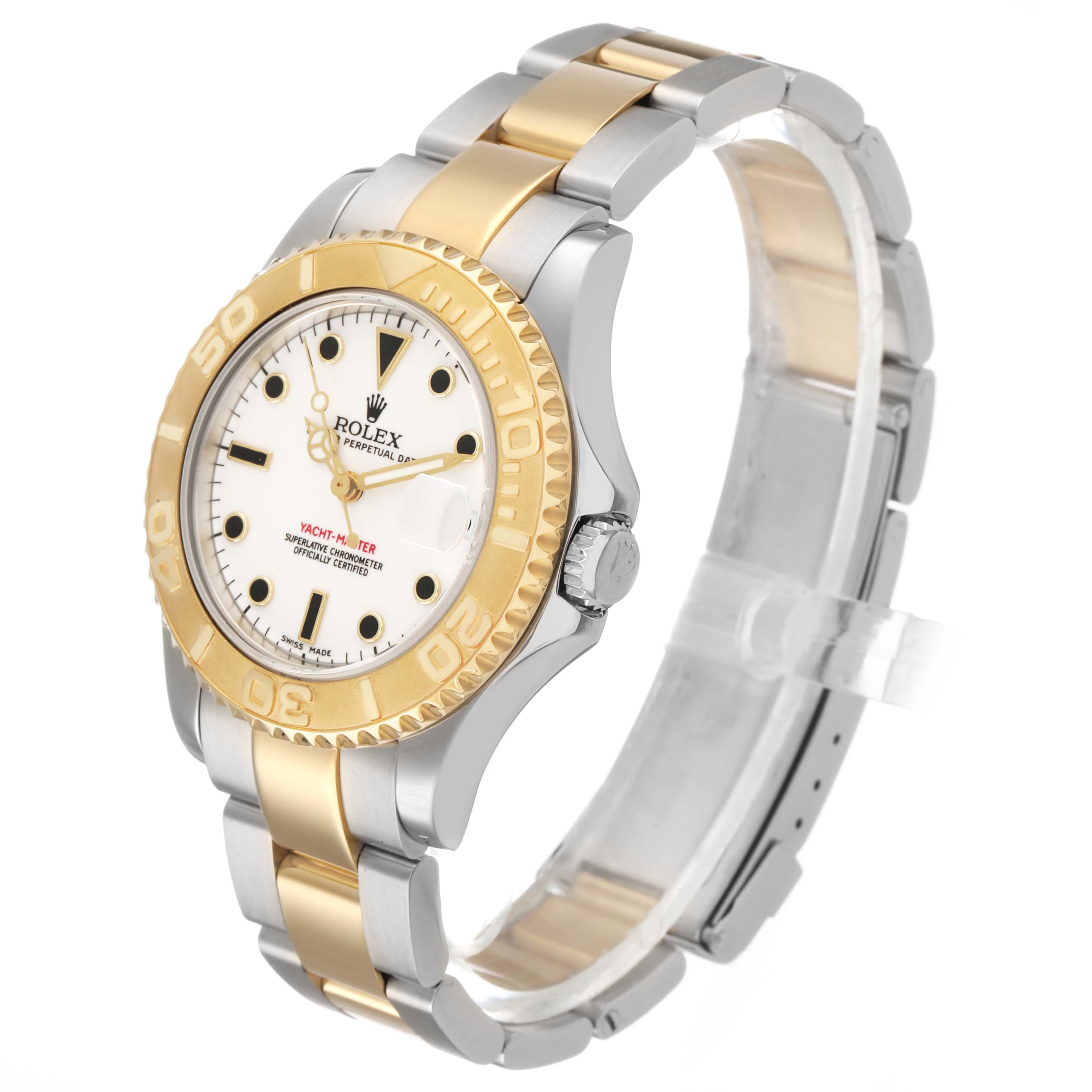 The Rolex Yacht-Master 168623 Men's Steel and Gold (two tone) White Dial watch is shown at a three-quarter angle, highlighting its bezel, crown, face, and bracelet.
