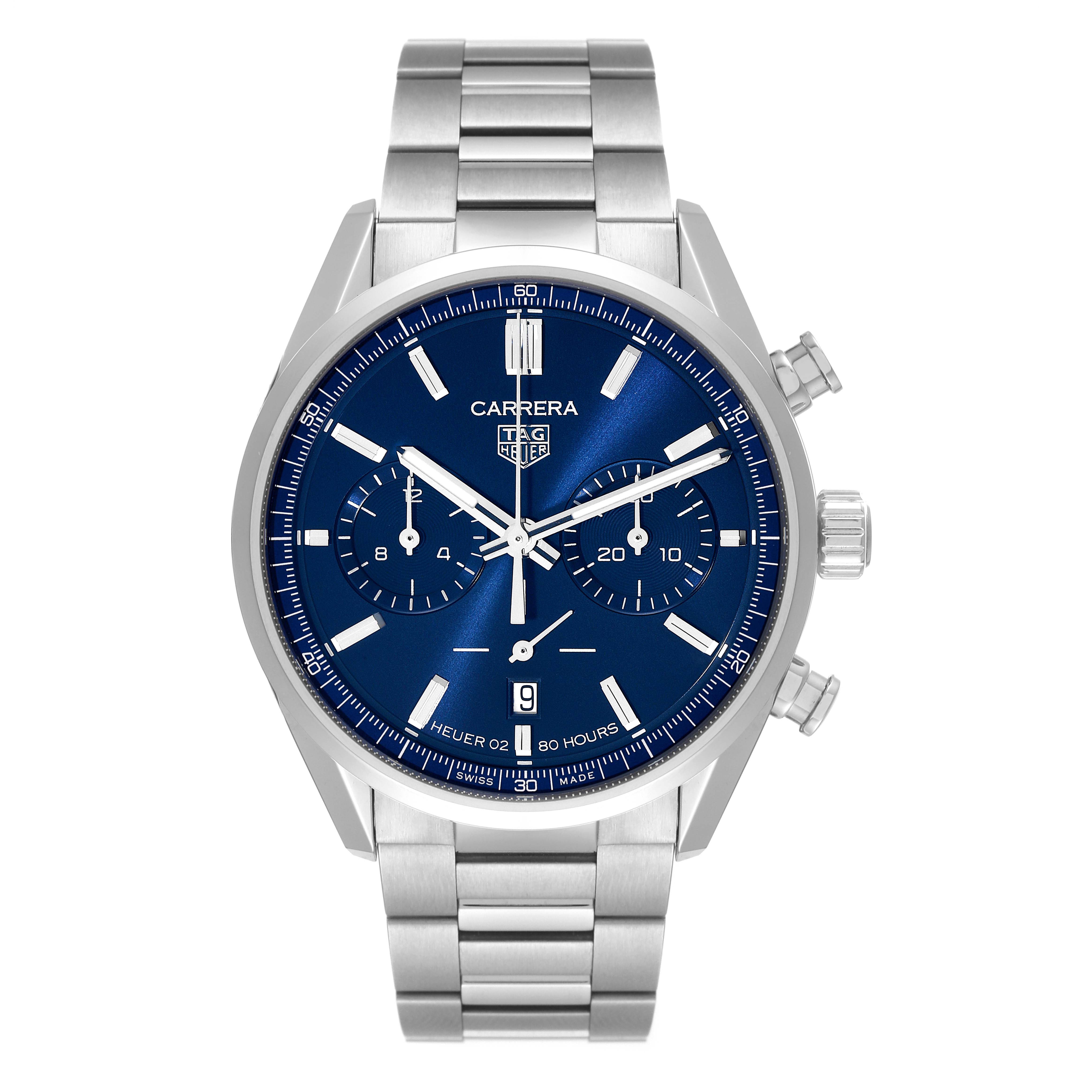 The image shows a front view of a Tag Heuer Carrera CBN2011.BA0642 Men's Stainless Steel Blue Dial CBN2011.BA0642 Men's Stainless Steel Blue Dial watch, displaying its blue dial, stainless steel bracelet, and chronograph features.