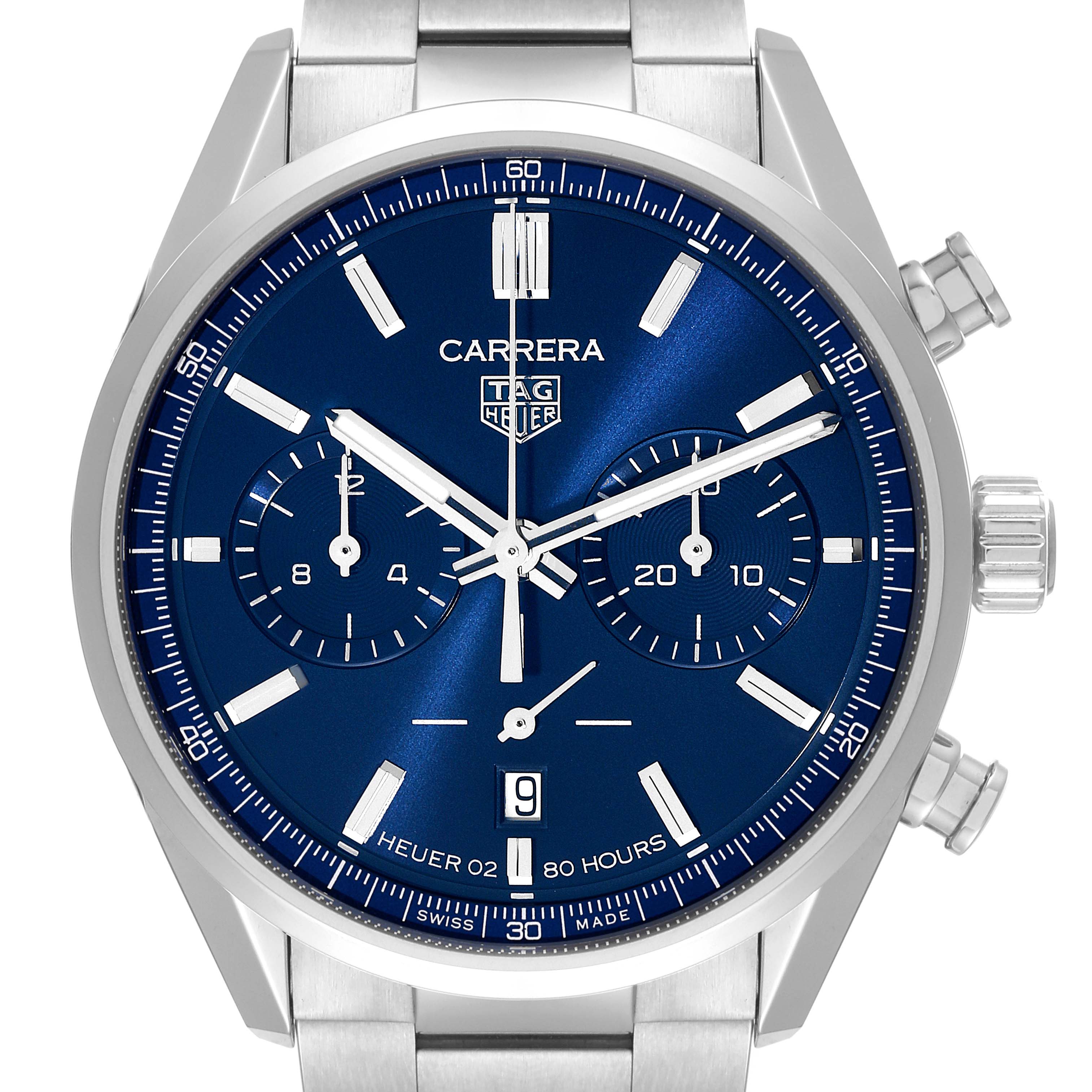 This is a front view of the Tag Heuer Carrera CBN2011.BA0642 Men's Stainless Steel Blue Dial CBN2011.BA0642 Men's Stainless Steel Blue Dial watch, showing the blue dial, chronograph subdials, and steel bracelet.