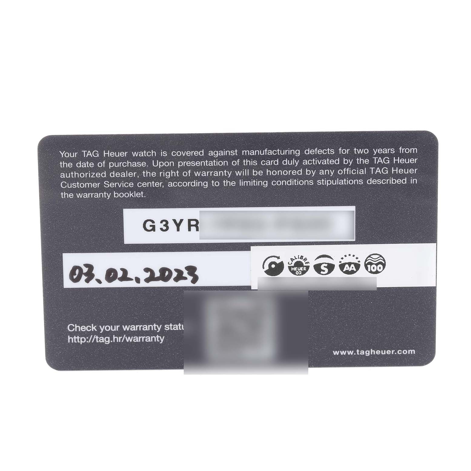 This image shows the warranty card for the Tag Heuer Carrera CBN2011.BA0642 Men's Stainless Steel Blue Dial CBN2011.BA0642 Men's Stainless Steel Blue Dial watch, including purchase date and warranty information.