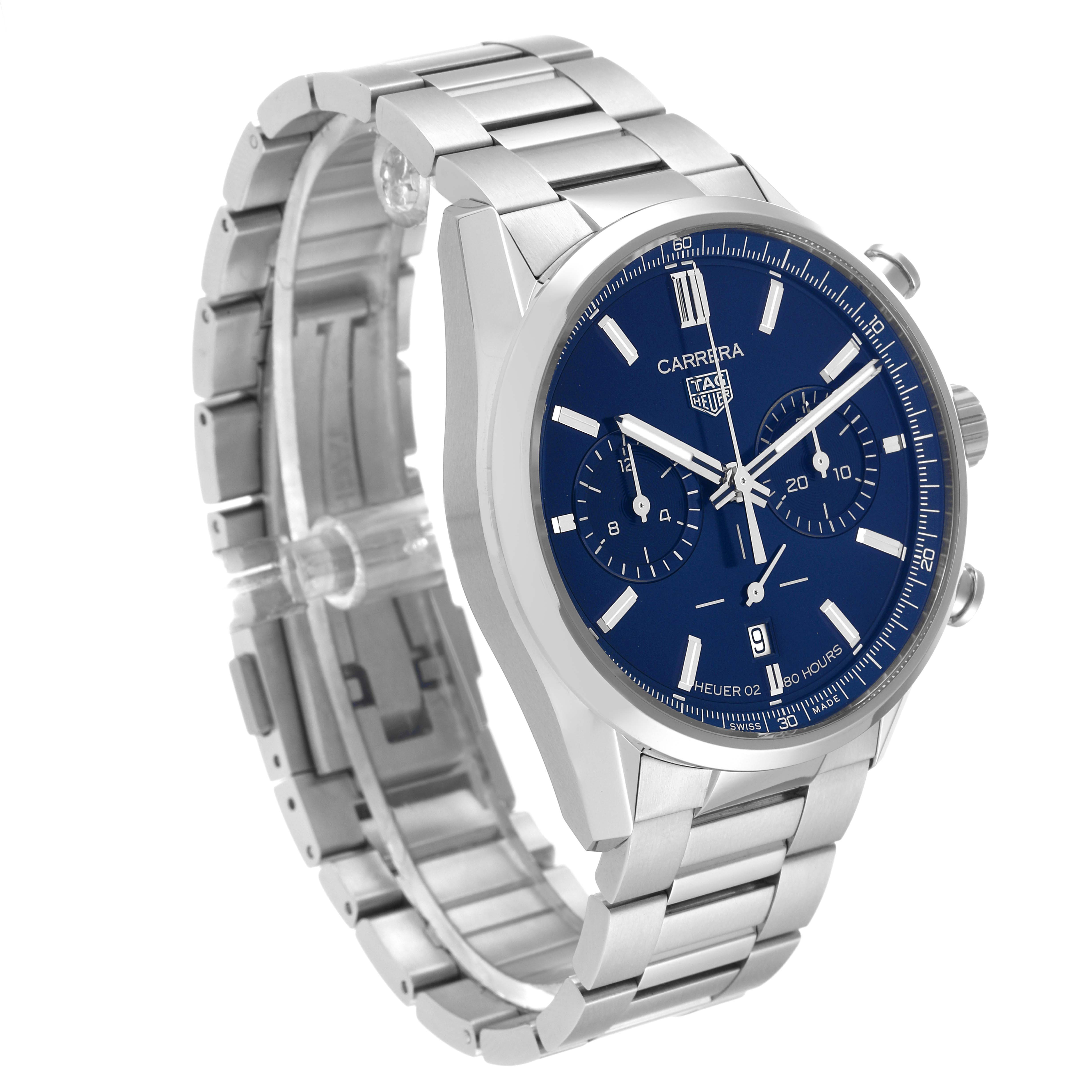 The image shows a Tag Heuer Carrera CBN2011.BA0642 Men's Stainless Steel Blue Dial CBN2011.BA0642 Men's Stainless Steel Blue Dial watch at an angled side view, revealing its blue dial, chronograph, and metal bracelet.