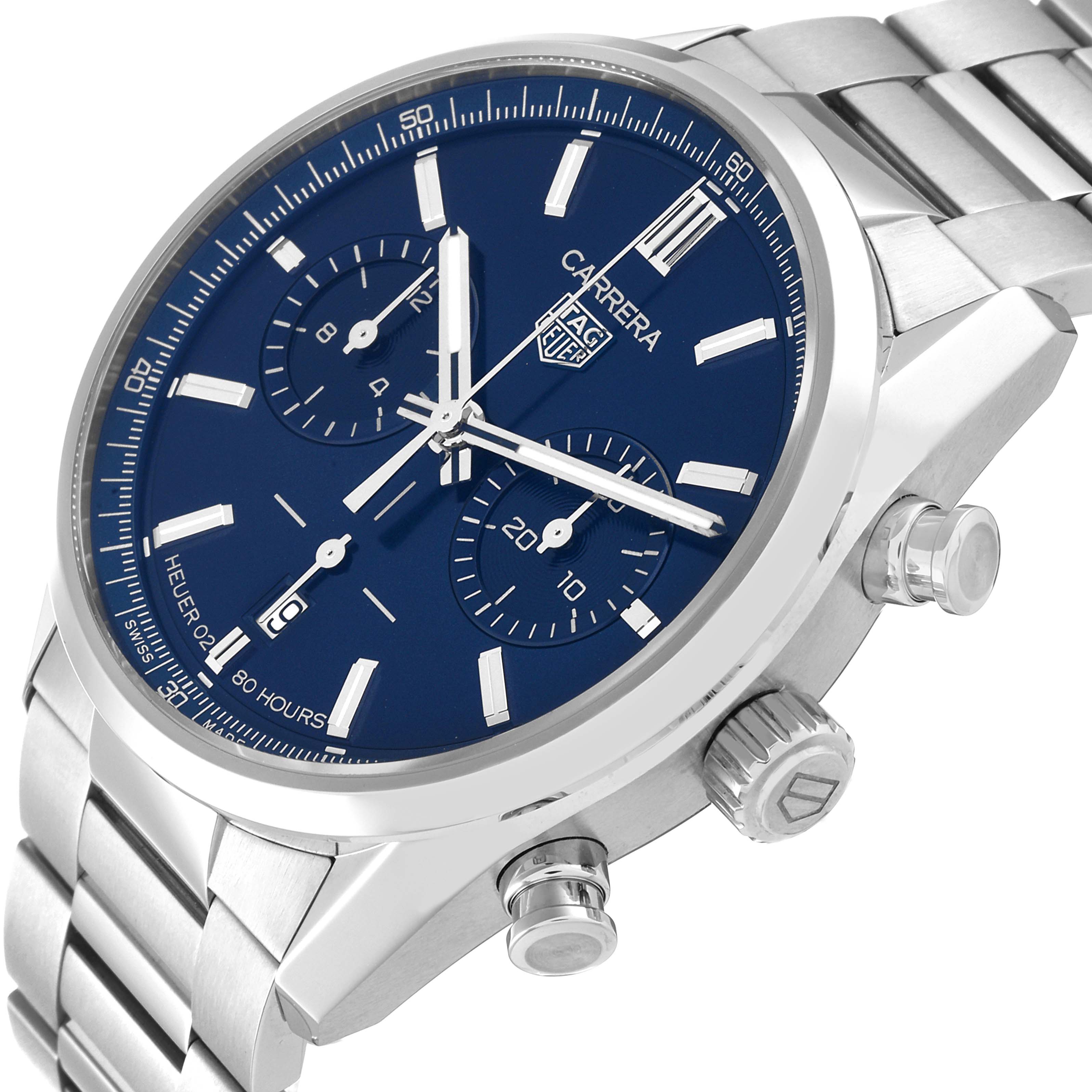 The image shows a close-up angle of the Tag Heuer Carrera CBN2011.BA0642 Men's Stainless Steel Blue Dial CBN2011.BA0642 Men's Stainless Steel Blue Dial watch, highlighting the dial, crown, pushers, and bracelet.