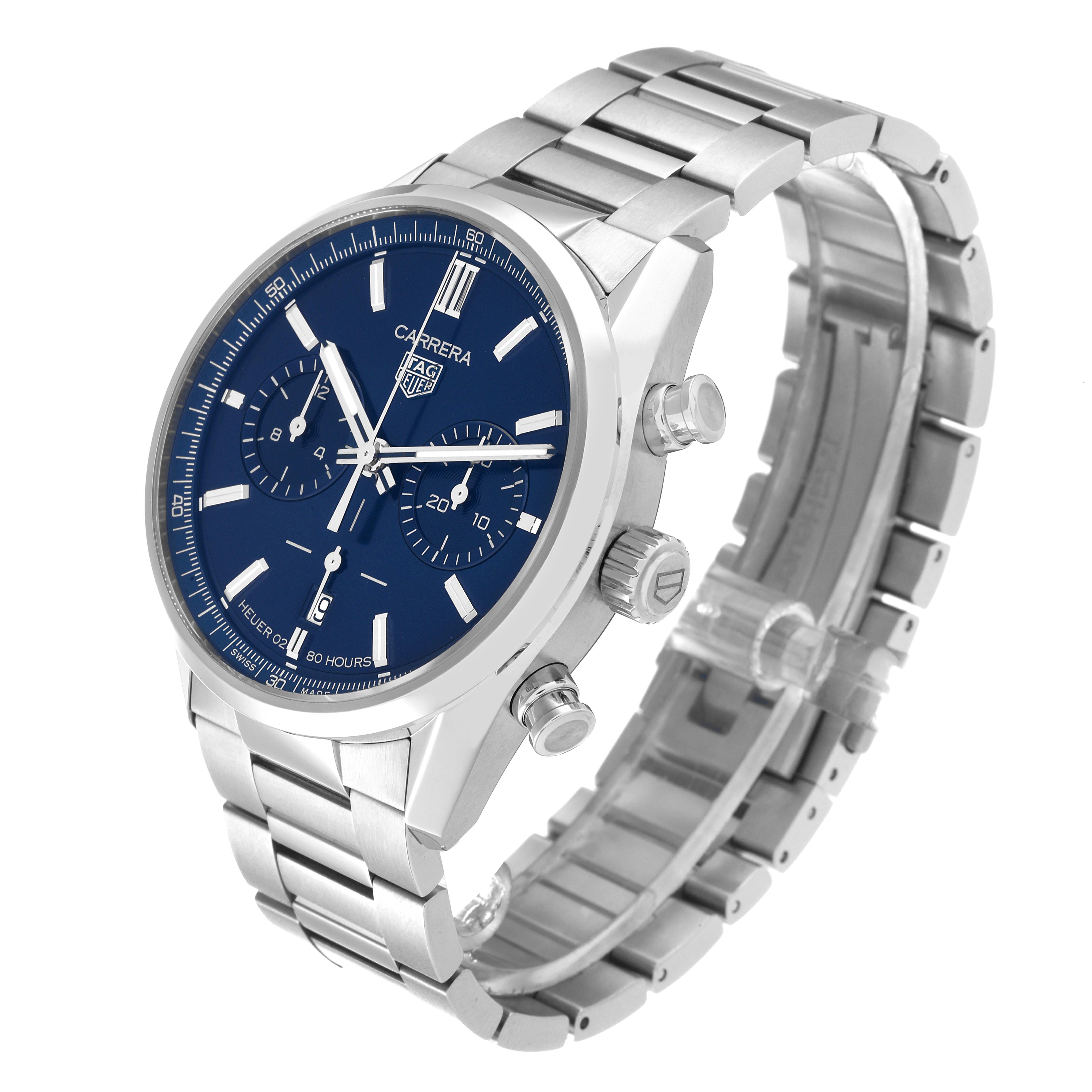 The image shows a Tag Heuer Carrera CBN2011.BA0642 Men's Stainless Steel Blue Dial CBN2011.BA0642 Men's Stainless Steel Blue Dial model watch from a three-quarter view, displaying the dial, crown, pushers, and bracelet.