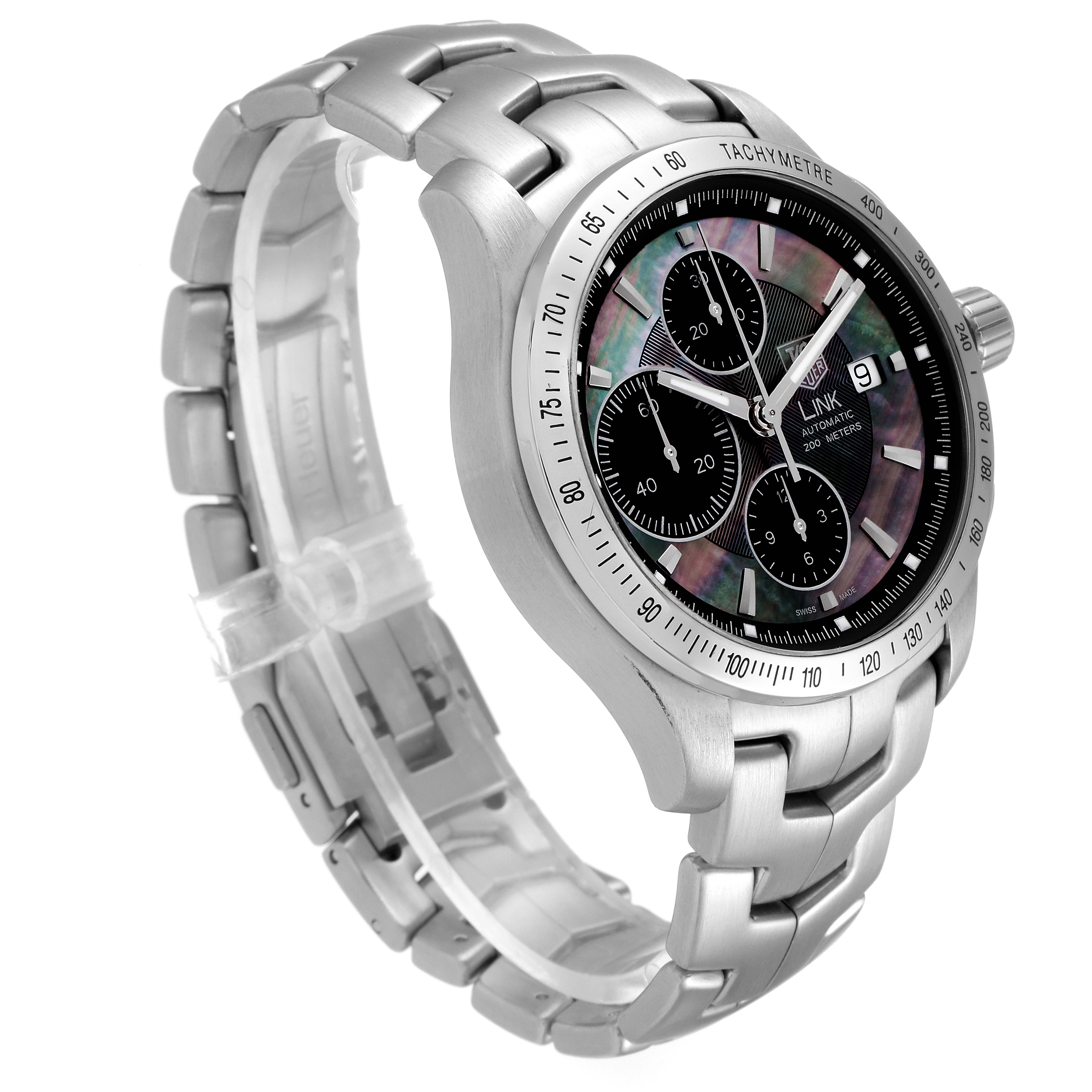 The Tag Heuer Link CJF211K Men's Stainless Steel Mother of Pearl Dial CJF211K Men's Stainless Steel Mother of Pearl Dial model watch is shown at a three-quarter angle, highlighting the face, bezel, bracelet, and crown.