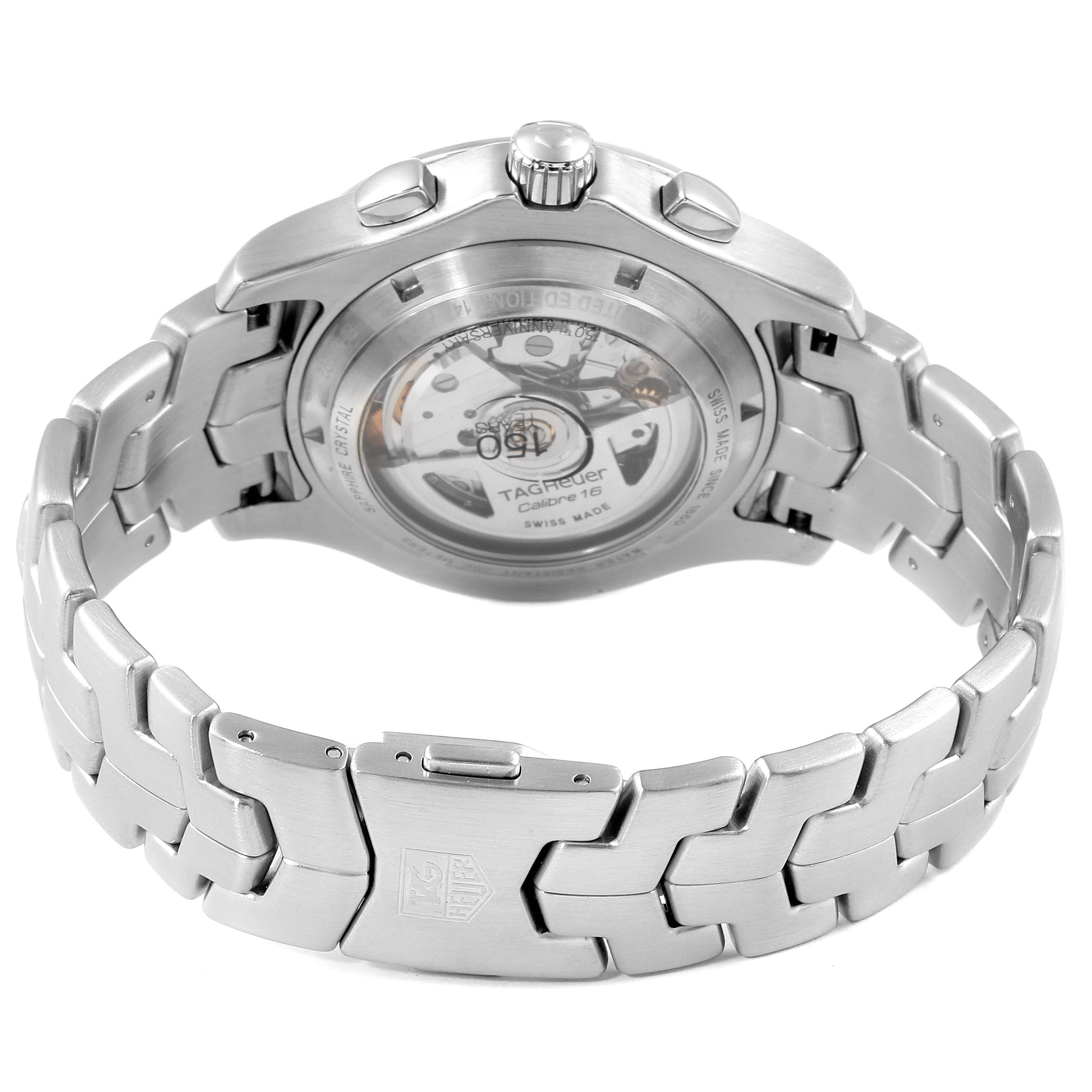 This image shows the back view of the Tag Heuer Link CJF211K Men's Stainless Steel Mother of Pearl Dial CJF211K Men's Stainless Steel Mother of Pearl Dial model watch, highlighting its bracelet, clasp, and transparent case back.
