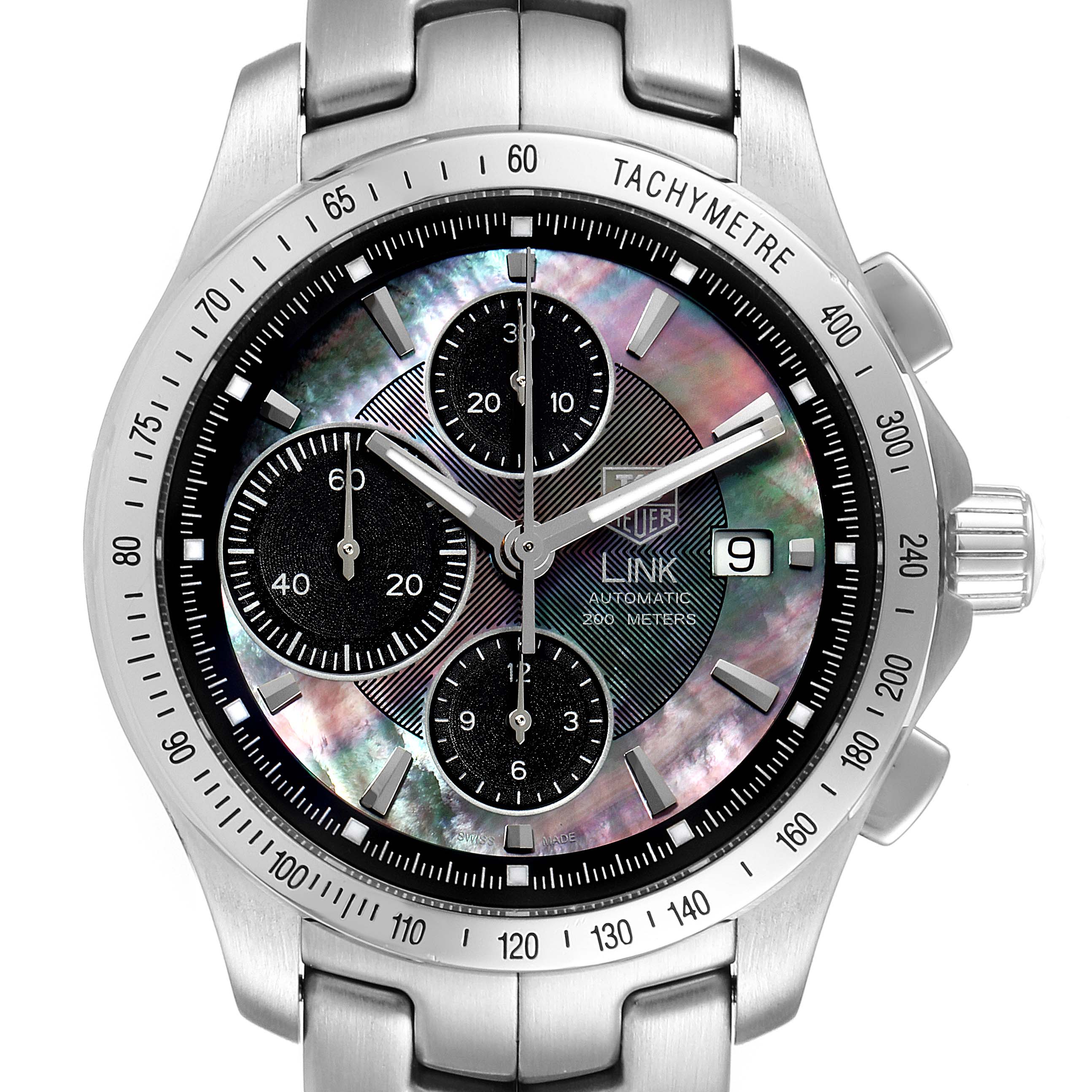 This image shows a front view of the Tag Heuer Link CJF211K Men's Stainless Steel Mother of Pearl Dial CJF211K Men's Stainless Steel Mother of Pearl Dial watch model, displaying the dial, chronograph sub-dials, date window, and tachymeter scale.
