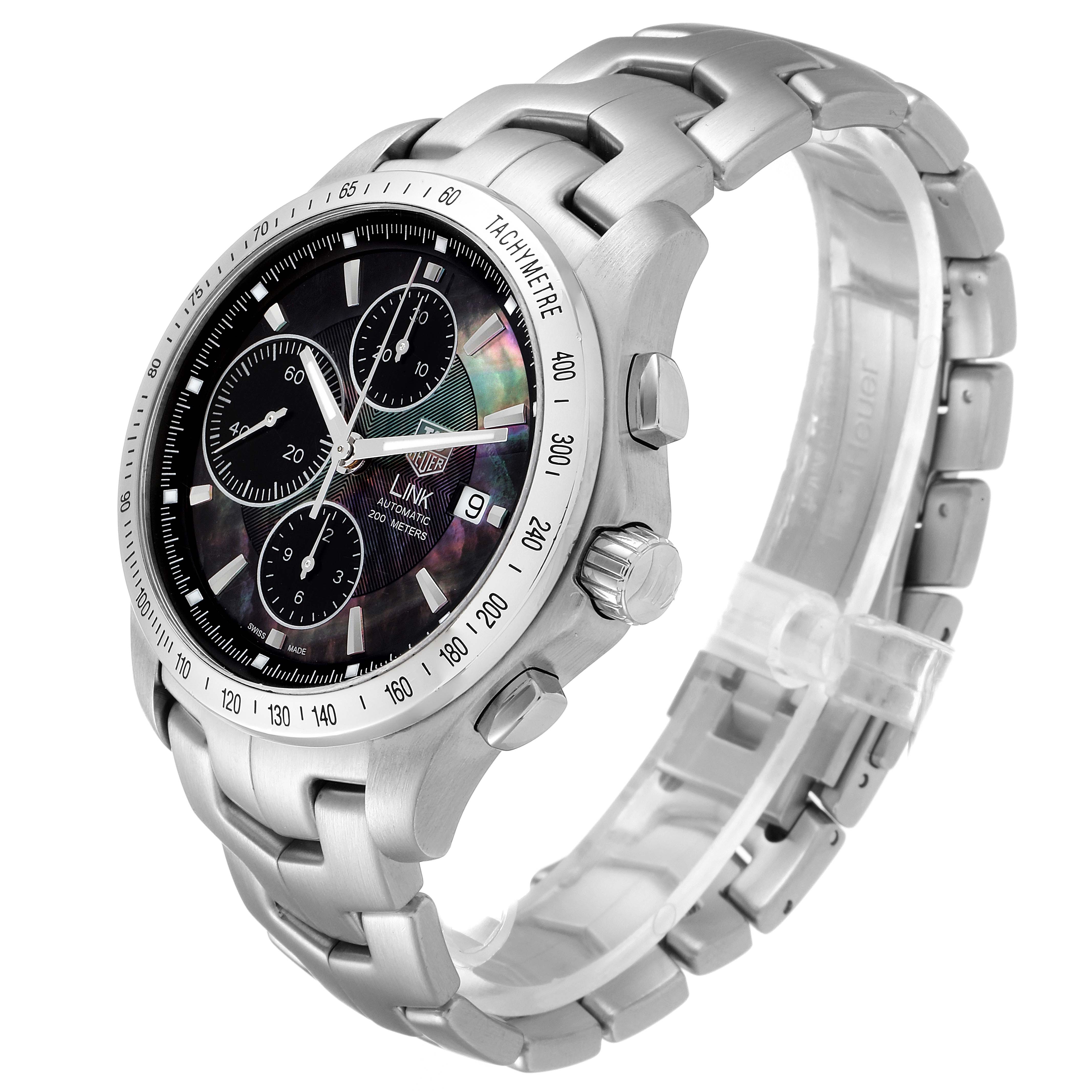 The image shows a Tag Heuer Link CJF211K Men's Stainless Steel Mother of Pearl Dial CJF211K Men's Stainless Steel Mother of Pearl Dial model watch at a three-quarter view, displaying the face, dial, and part of the bracelet.