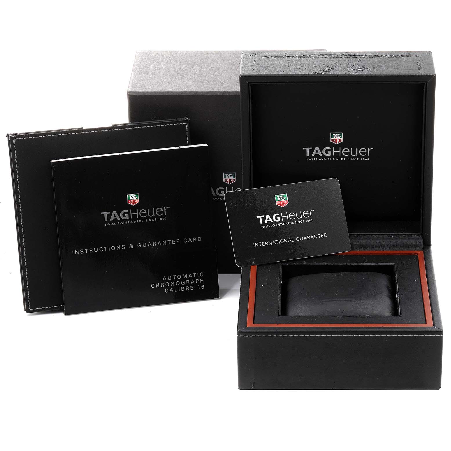 The image shows the packaging, instruction manuals, and the warranty card for the Tag Heuer Link CJF211K Men's Stainless Steel Mother of Pearl Dial CJF211K Men's Stainless Steel Mother of Pearl Dial watch.