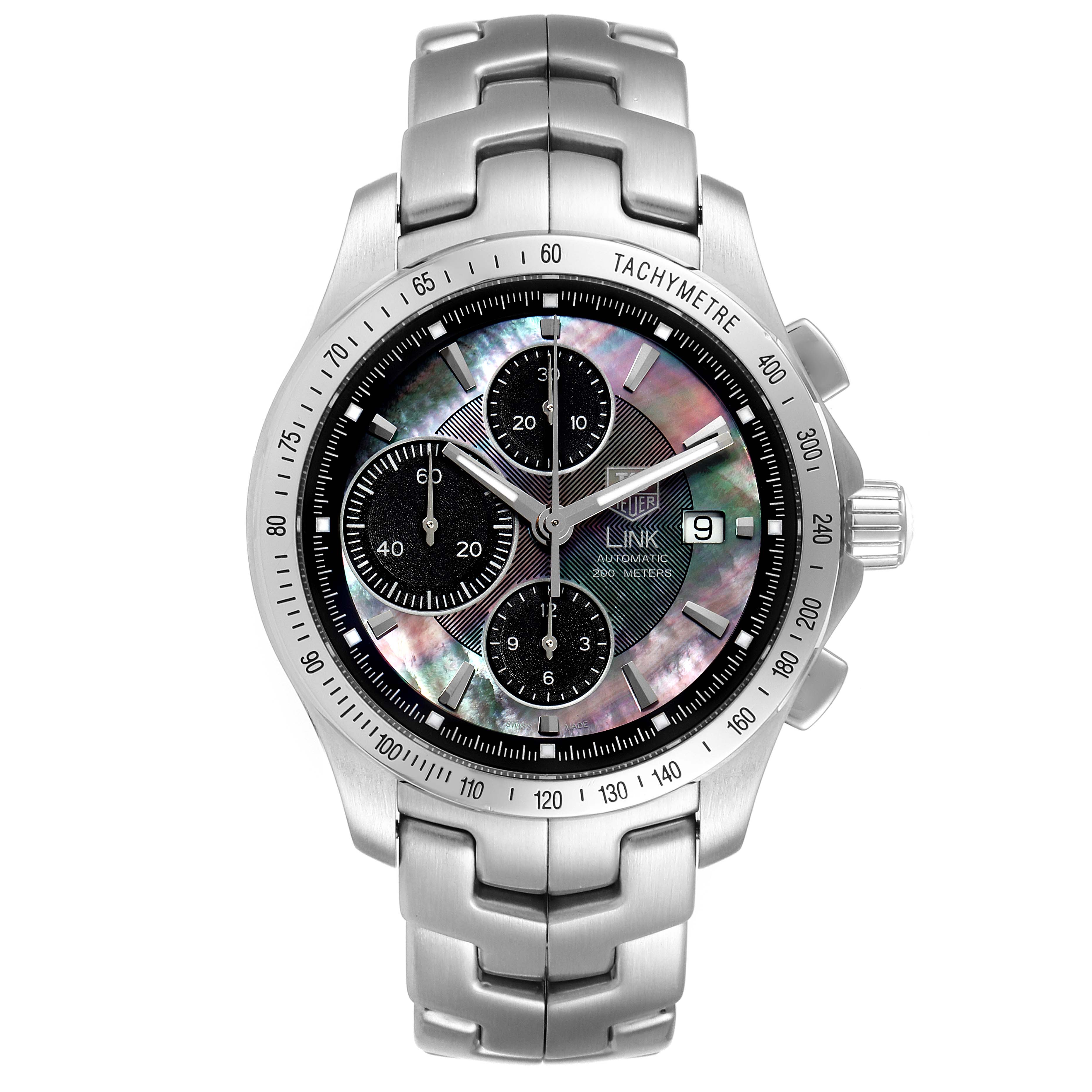 The image shows a front view of the Tag Heuer Link CJF211K Men's Stainless Steel Mother of Pearl Dial CJF211K Men's Stainless Steel Mother of Pearl Dial model watch, displaying its dial, bezel, and bracelet.
