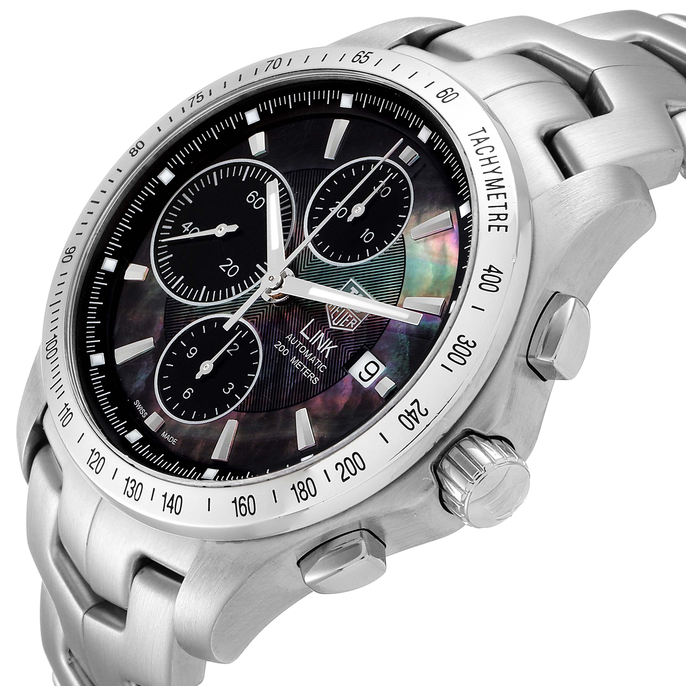 The Tag Heuer Link CJF211K Men's Stainless Steel Mother of Pearl Dial CJF211K Men's Stainless Steel Mother of Pearl Dial watch is shown at a three-quarter angle, displaying the bezel, dial, crown, pushers, and part of the bracelet.
