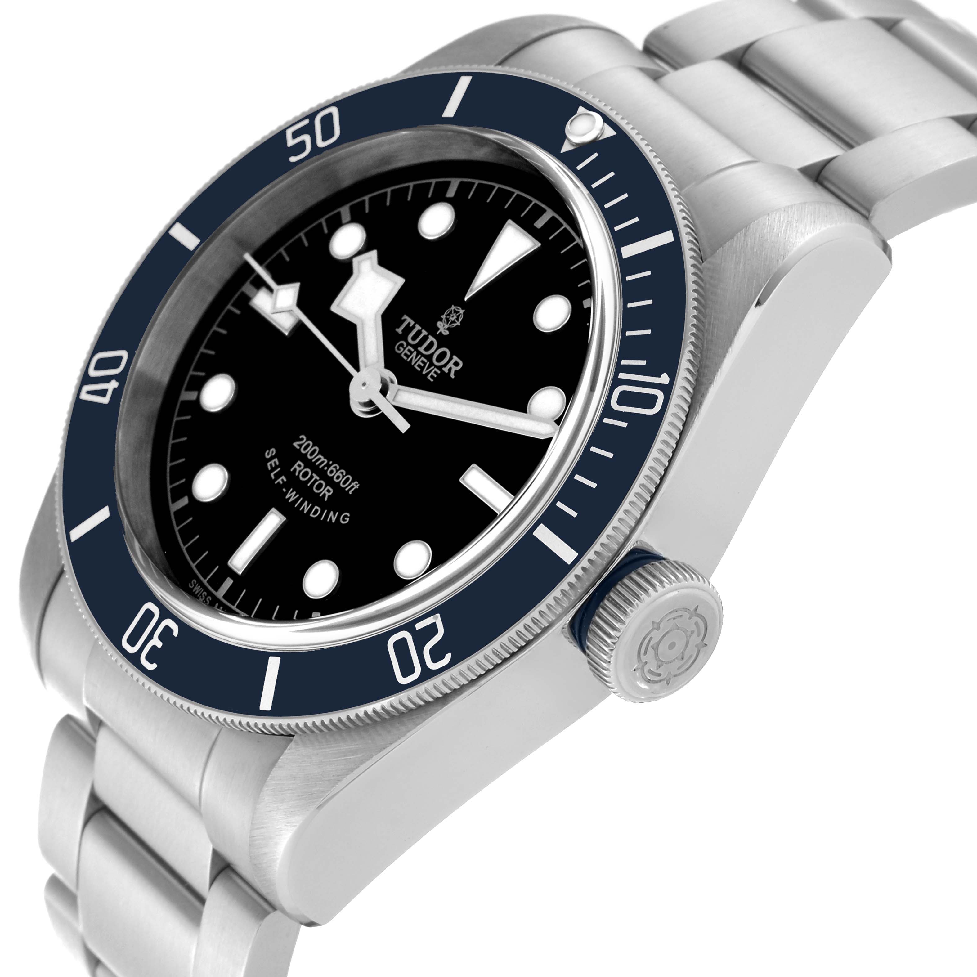 The image shows the Tudor Heritage Black Bay 79220B Men's Stainless Steel Black Dial 79220B Men's Stainless Steel Black Dial watch from a three-quarter angle, highlighting the face, bezel, and partially the bracelet.