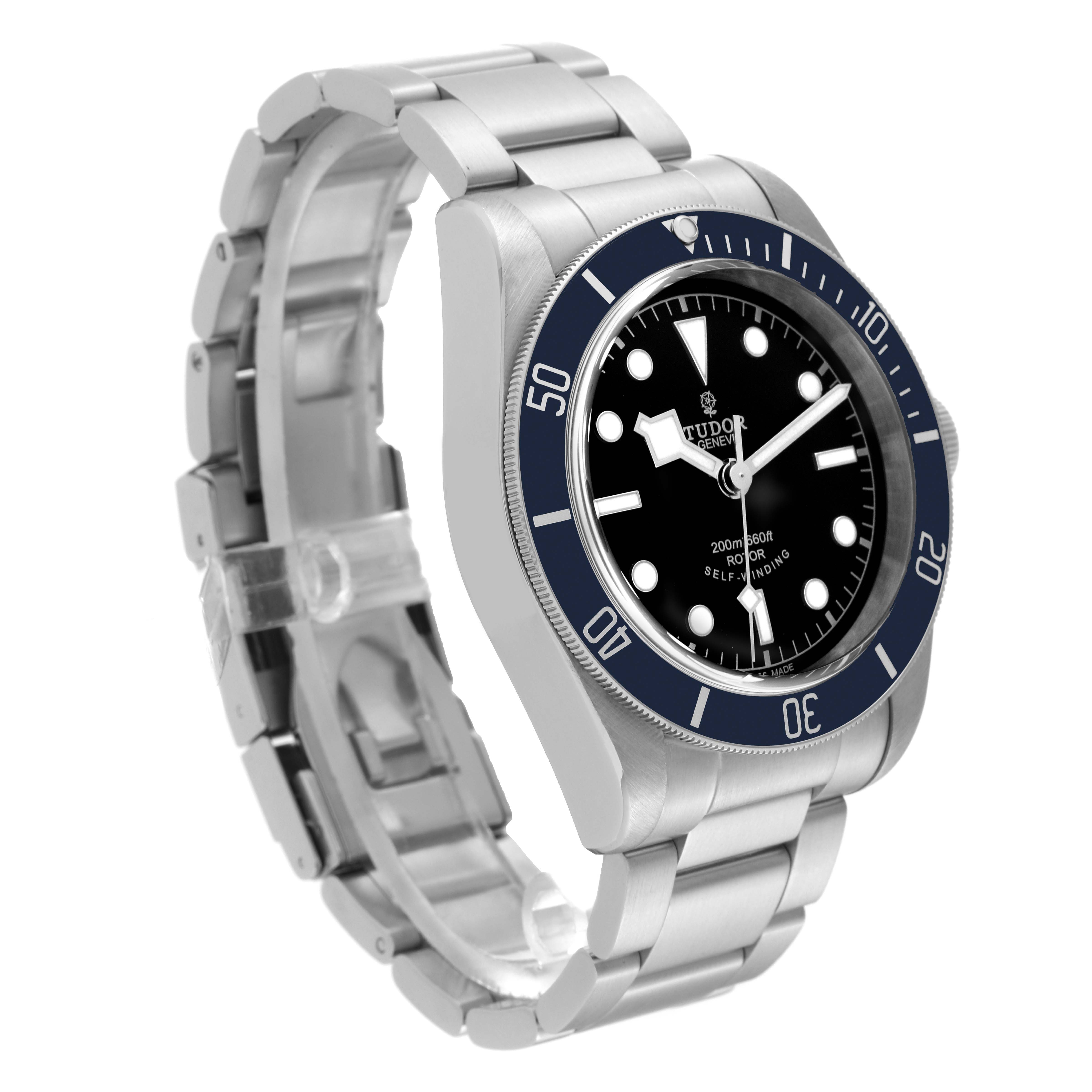 This image shows a side view of a Tudor Heritage Black Bay 79220B Men's Stainless Steel Black Dial 79220B Men's Stainless Steel Black Dial watch, highlighting its bezel, dial, and bracelet.
