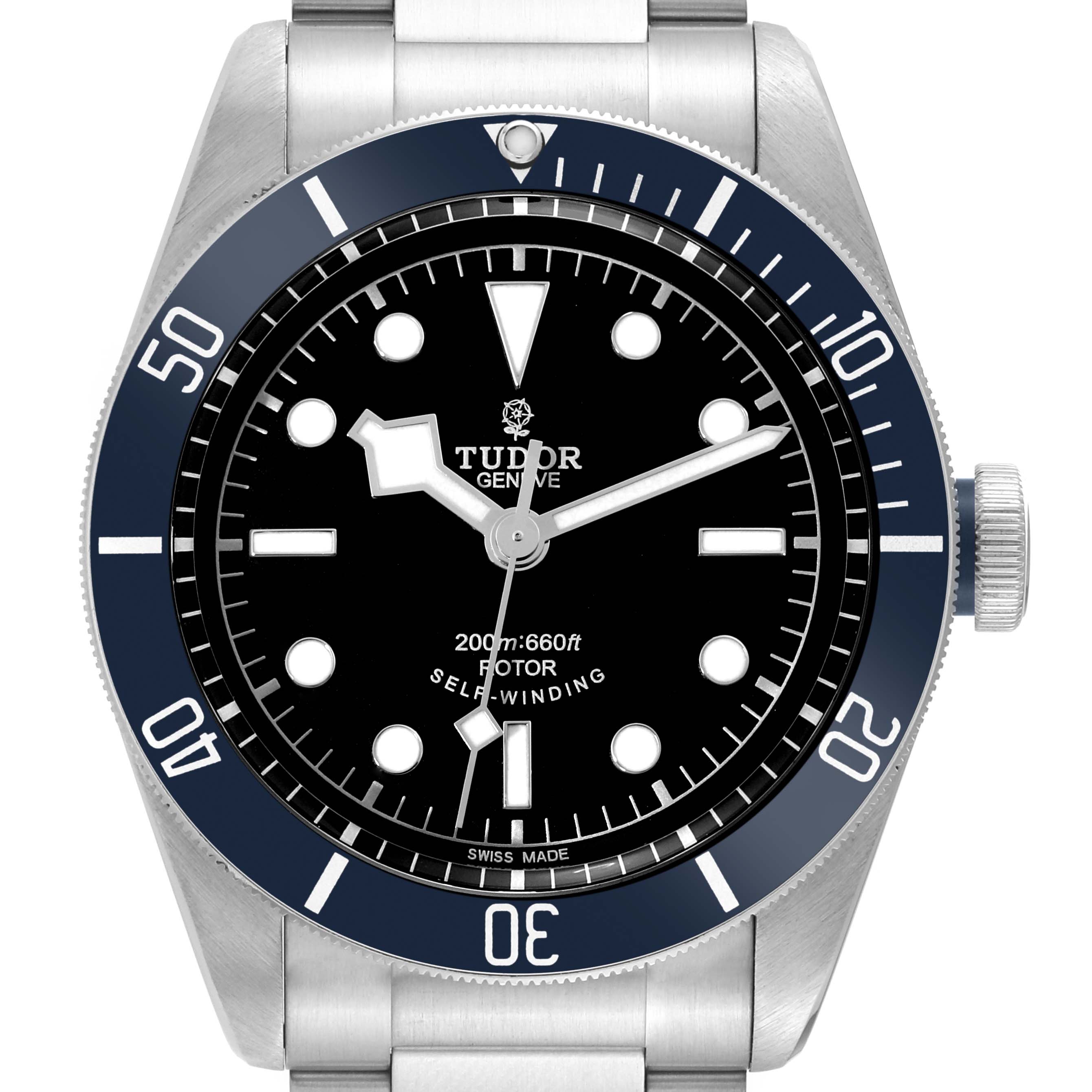 The image shows a front view of a Tudor Heritage Black Bay 79220B Men's Stainless Steel Black Dial 79220B Men's Stainless Steel Black Dial watch, highlighting its face, bezel, and crown.