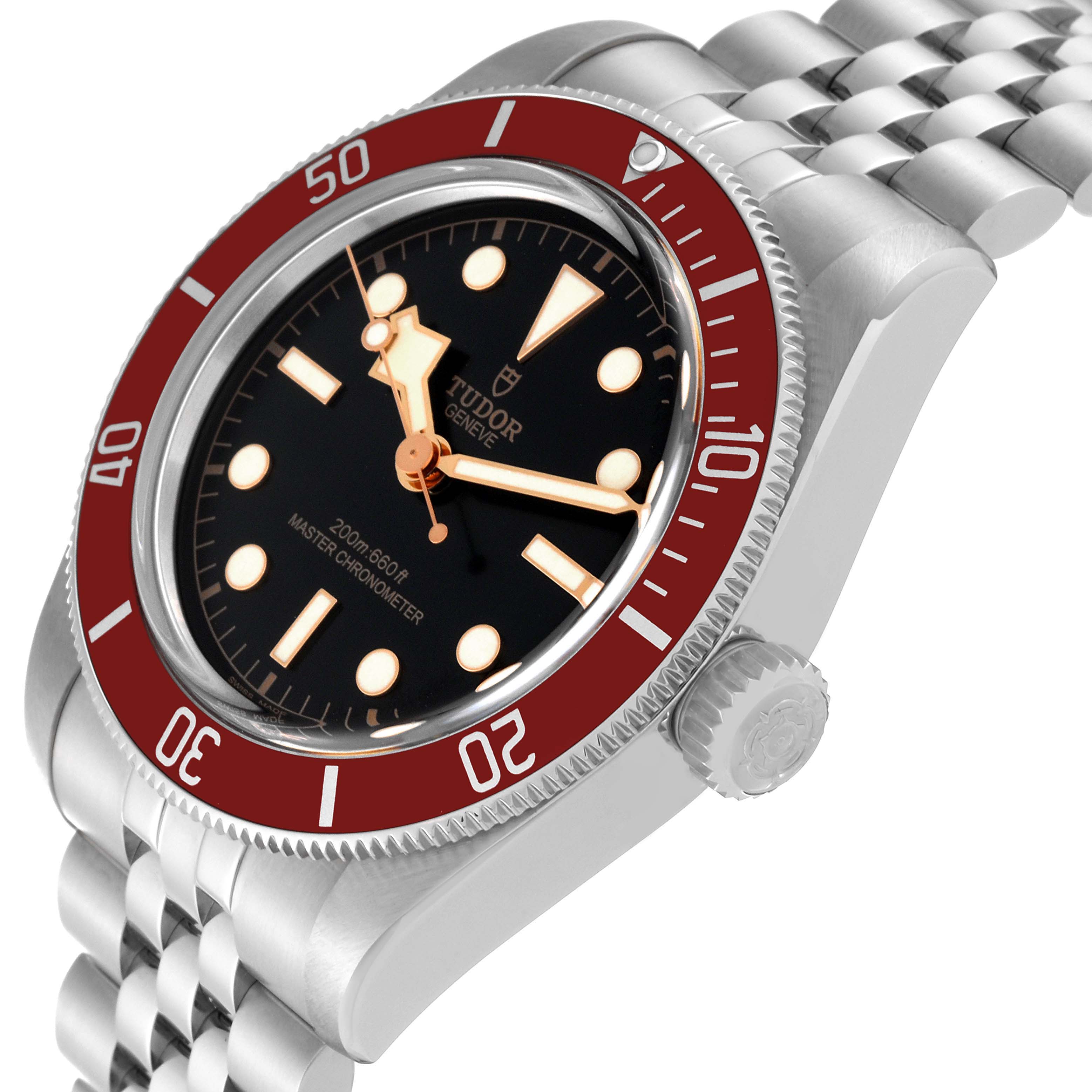 The image displays a Tudor Heritage Black Bay 7941A1A0RU Men
s Stainless Steel Black Dial 7941A1A0RU Men
s Stainless Steel Black Dial watch at an angled close-up, showing the dial, bezel, crown, and part of the bracelet.
