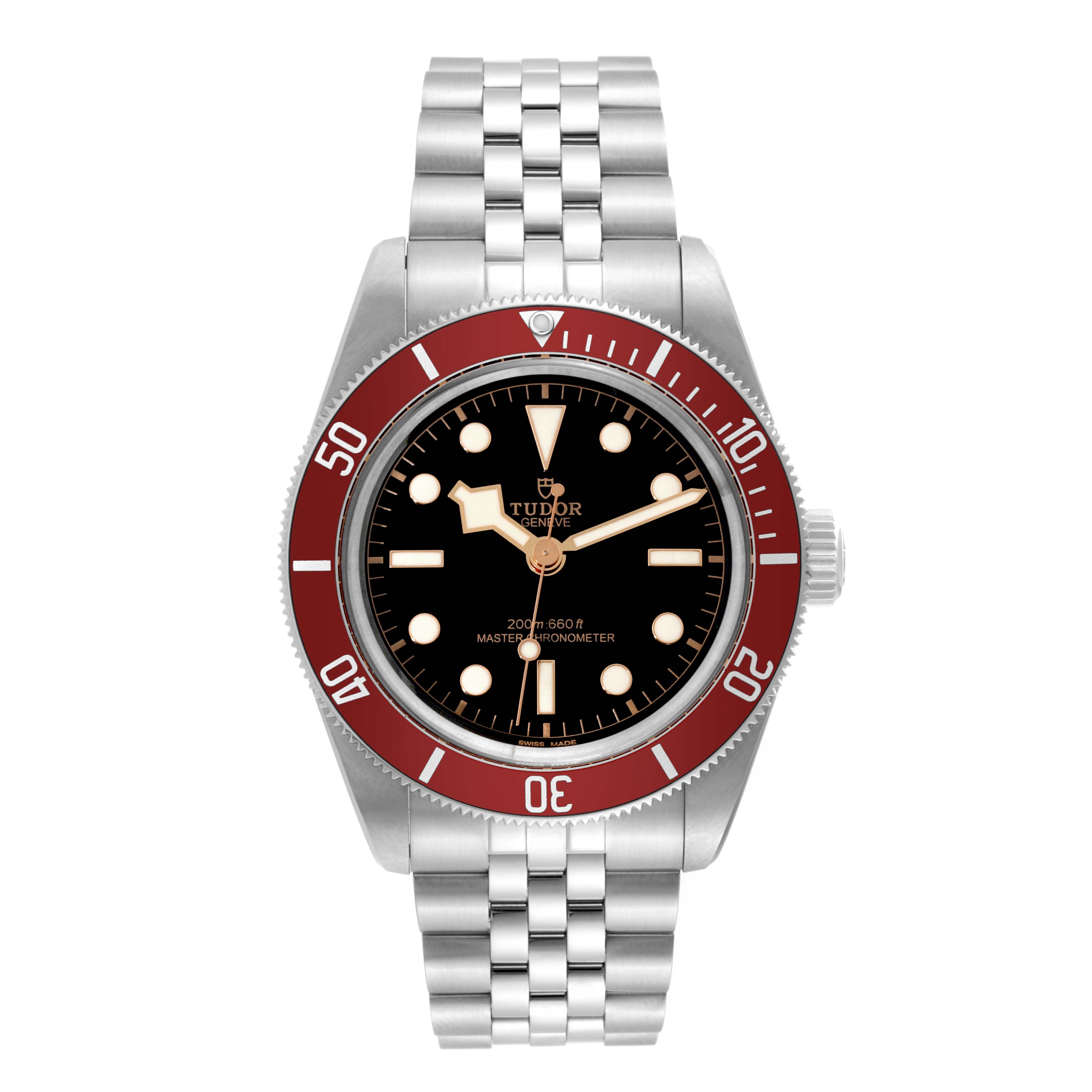 The Tudor Heritage Black Bay 7941A1A0RU Men
s Stainless Steel Black Dial 7941A1A0RU Men
s Stainless Steel Black Dial watch is shown from the front, displaying its face, bezel, and bracelet.