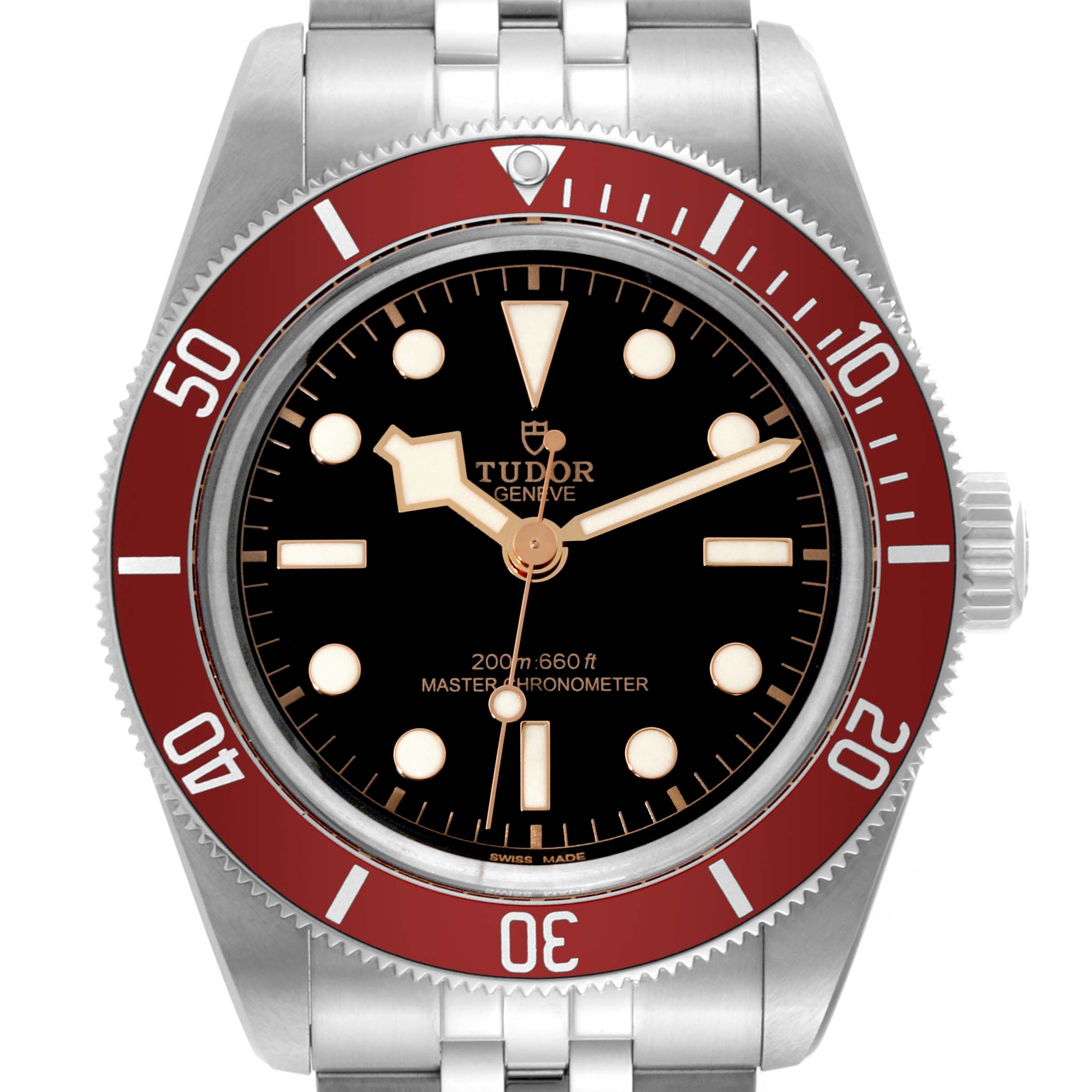 This Tudor Heritage Black Bay 7941A1A0RU Men
s Stainless Steel Black Dial 7941A1A0RU Men
s Stainless Steel Black Dial watch is shown from a top-down angle, highlighting the bezel, dial, and part of the stainless steel bracelet.