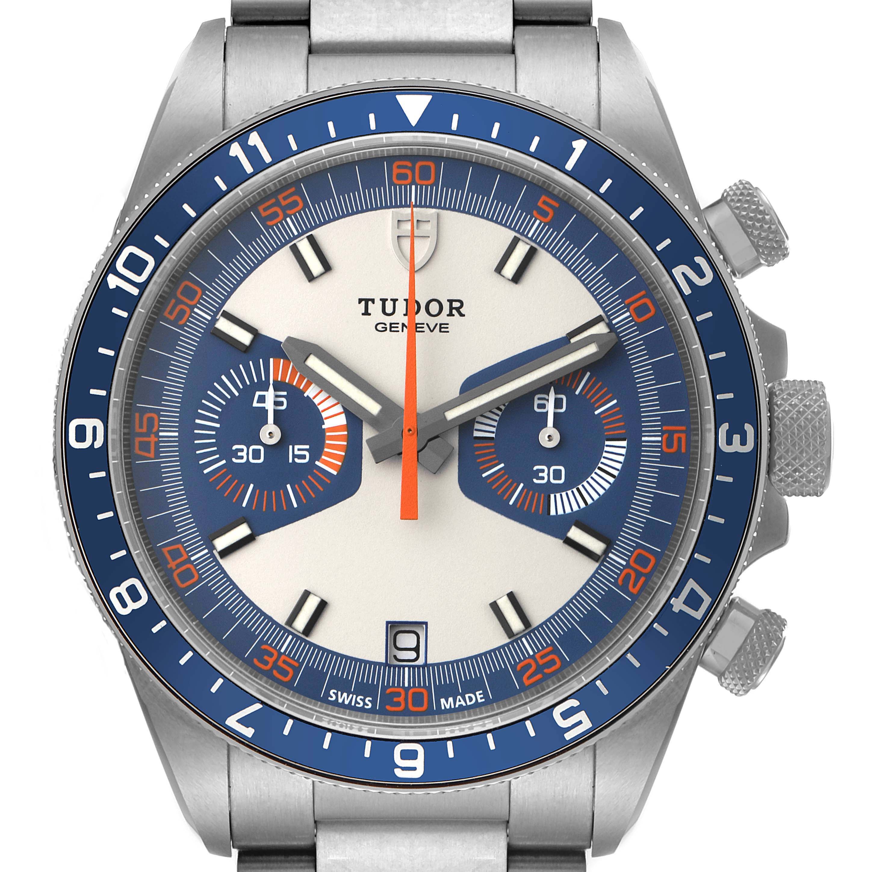 The image shows a Tudor Heritage Chrono 70330B Men's Stainless Steel Blue Dial 70330B Men's Stainless Steel Blue Dial watch from a front view, highlighting the dial, bezel, and chronograph sub-dials.
