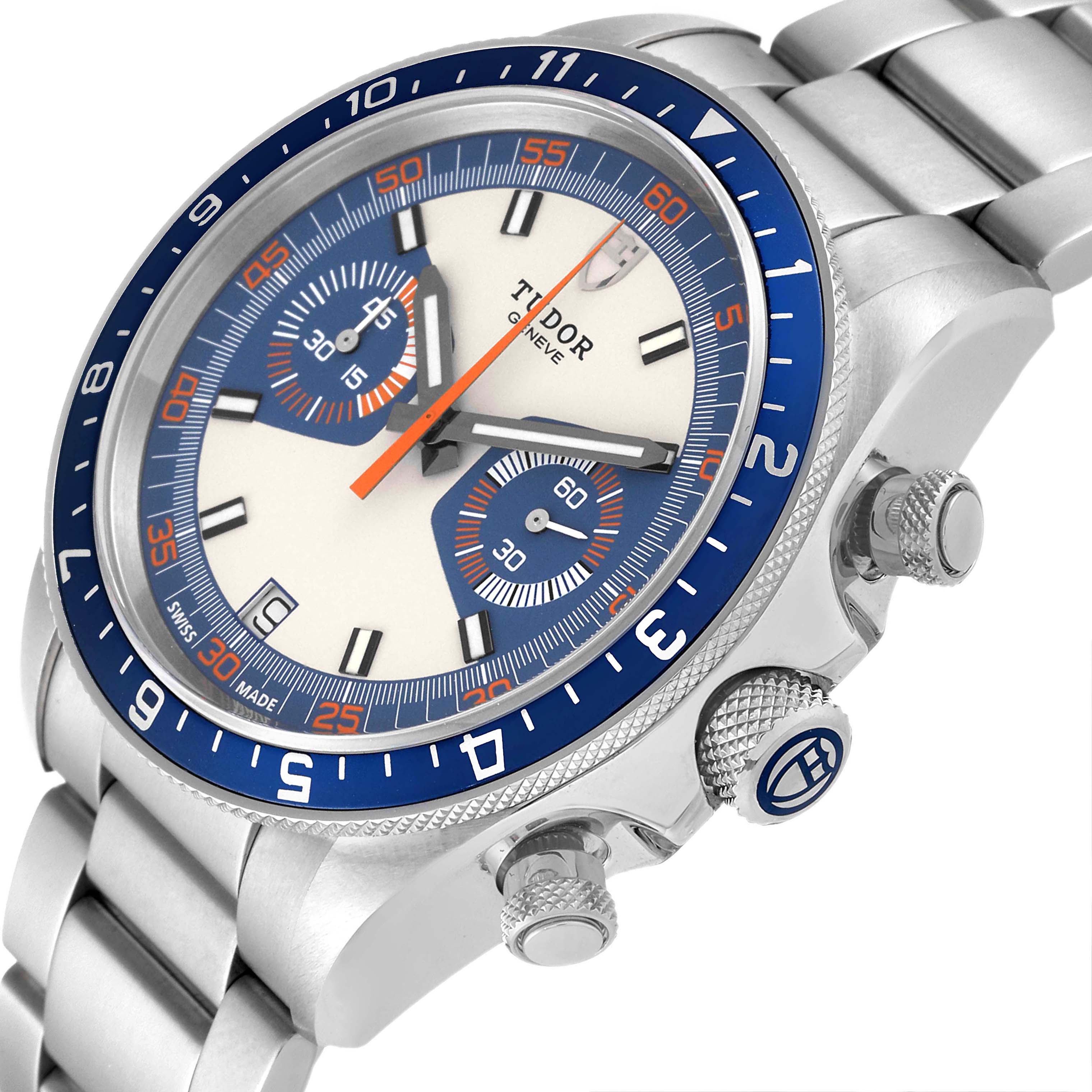 The image shows a Tudor Heritage Chrono 70330B Men's Stainless Steel Blue Dial 70330B Men's Stainless Steel Blue Dial watch at an angled view, highlighting its face, bezel, and pushers.
