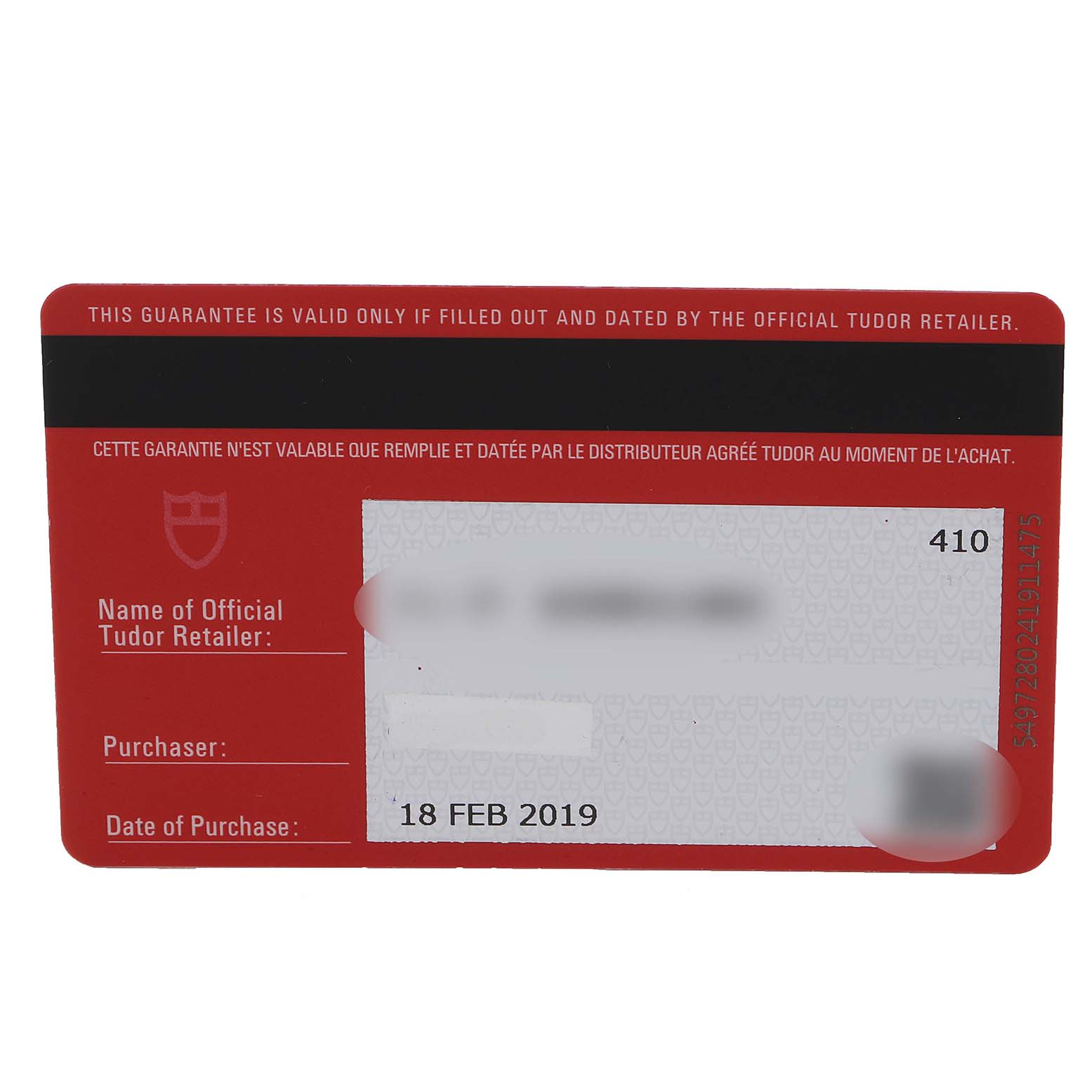 This is the warranty card for the Tudor Heritage Chrono 70330B Men's Stainless Steel Blue Dial 70330B Men's Stainless Steel Blue Dial watch model.