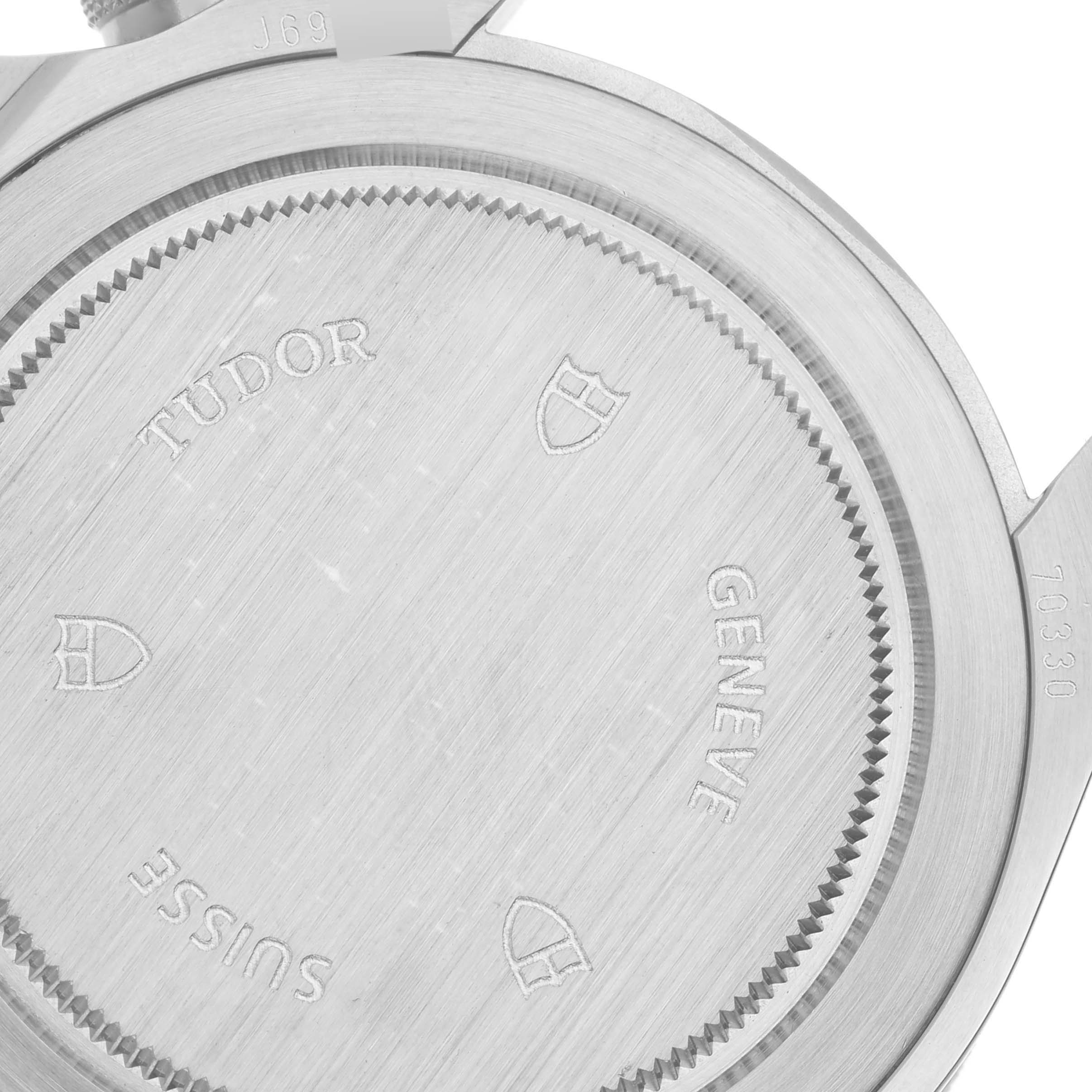 The image shows the case back of a Tudor Heritage Chrono 70330N Men
s Stainless Steel Grey Dial 70330N Men
s Stainless Steel Grey Dial watch.