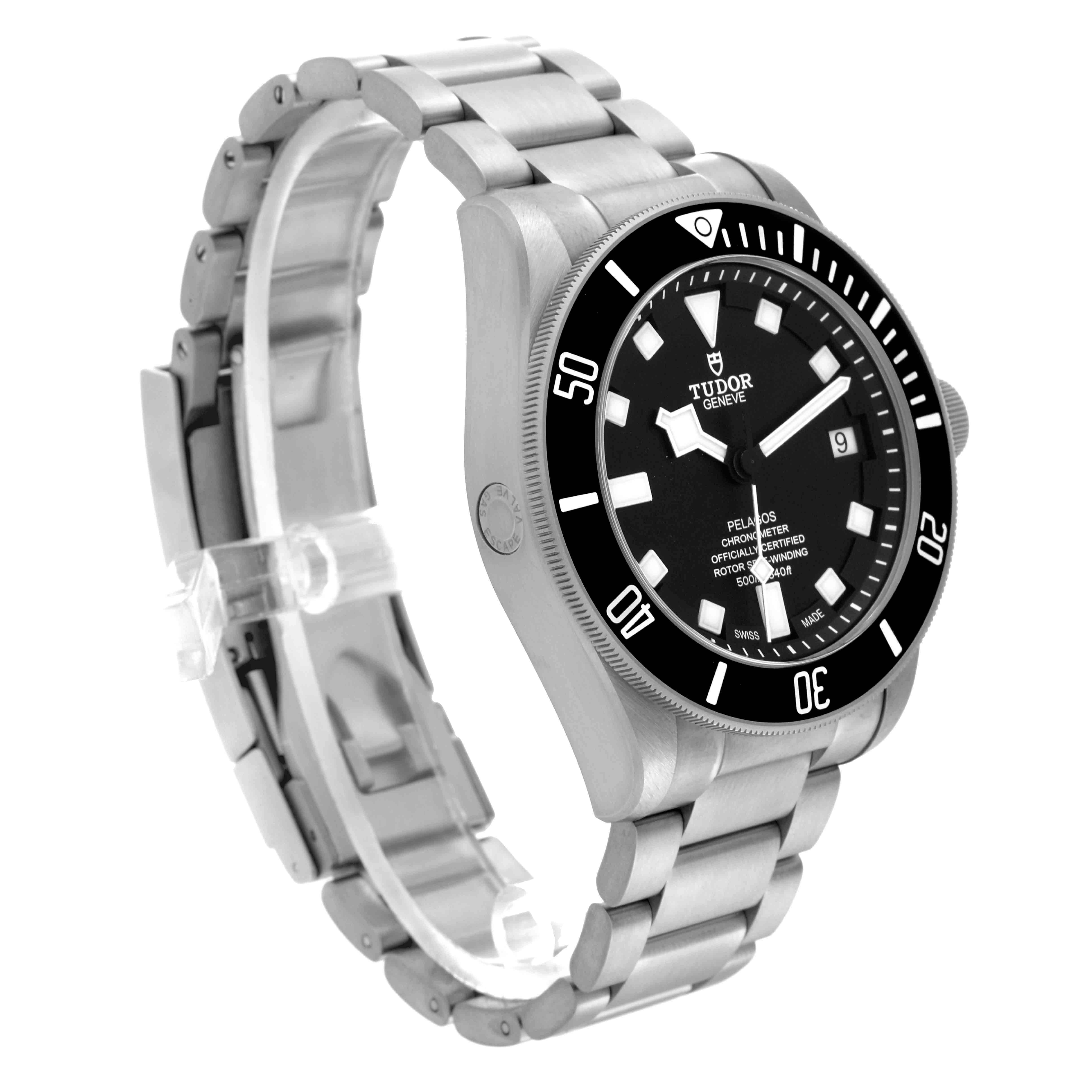The image shows a side angle of the Tudor Pelagos 25600TN Men
s Titanium Black Dial 25600TN Men
s Titanium Black Dial watch, highlighting the face, bezel, case, and metal bracelet.