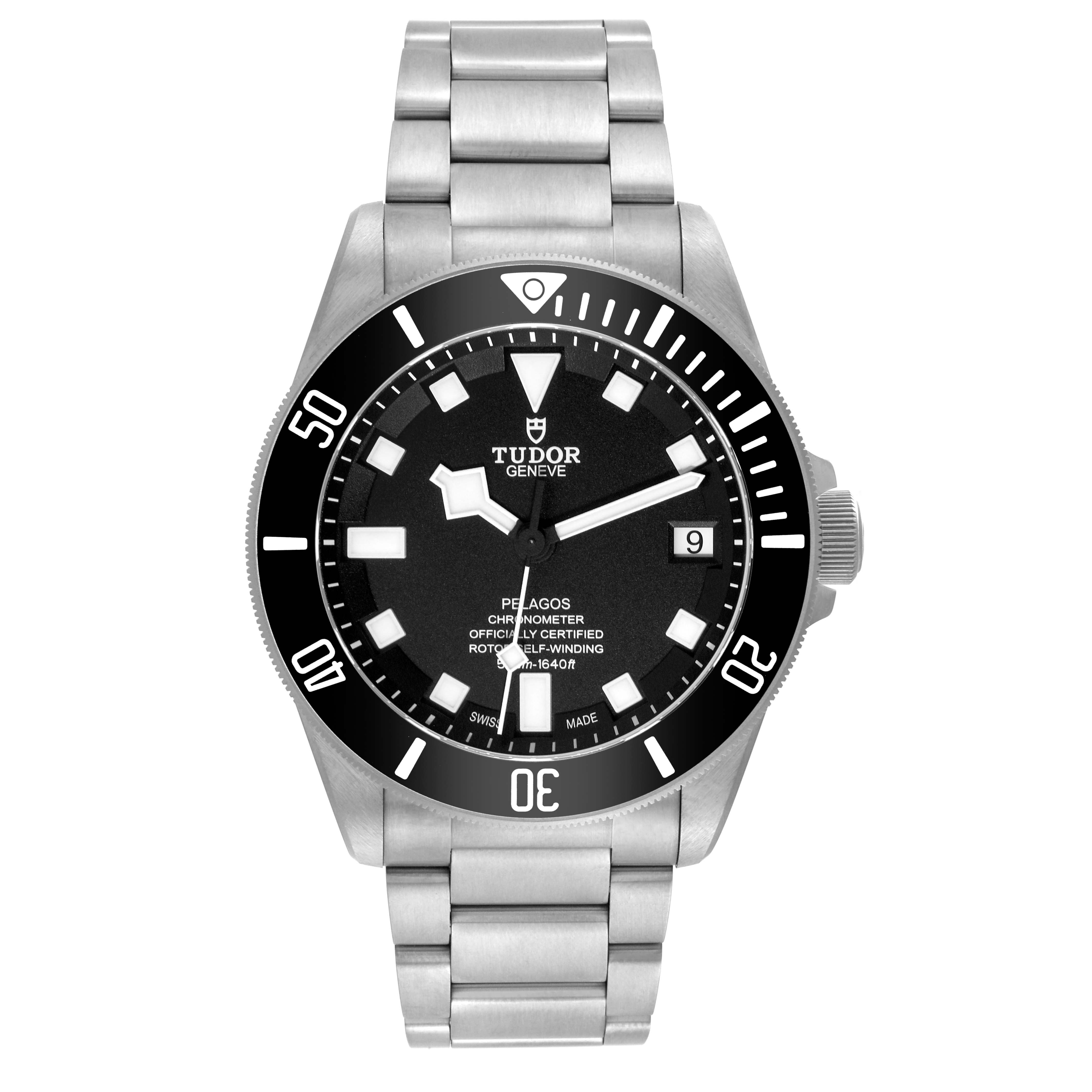 The image shows a front view of the Tudor Pelagos 25600TN Men
s Titanium Black Dial 25600TN Men
s Titanium Black Dial watch, featuring its bezel, dial, and bracelet.