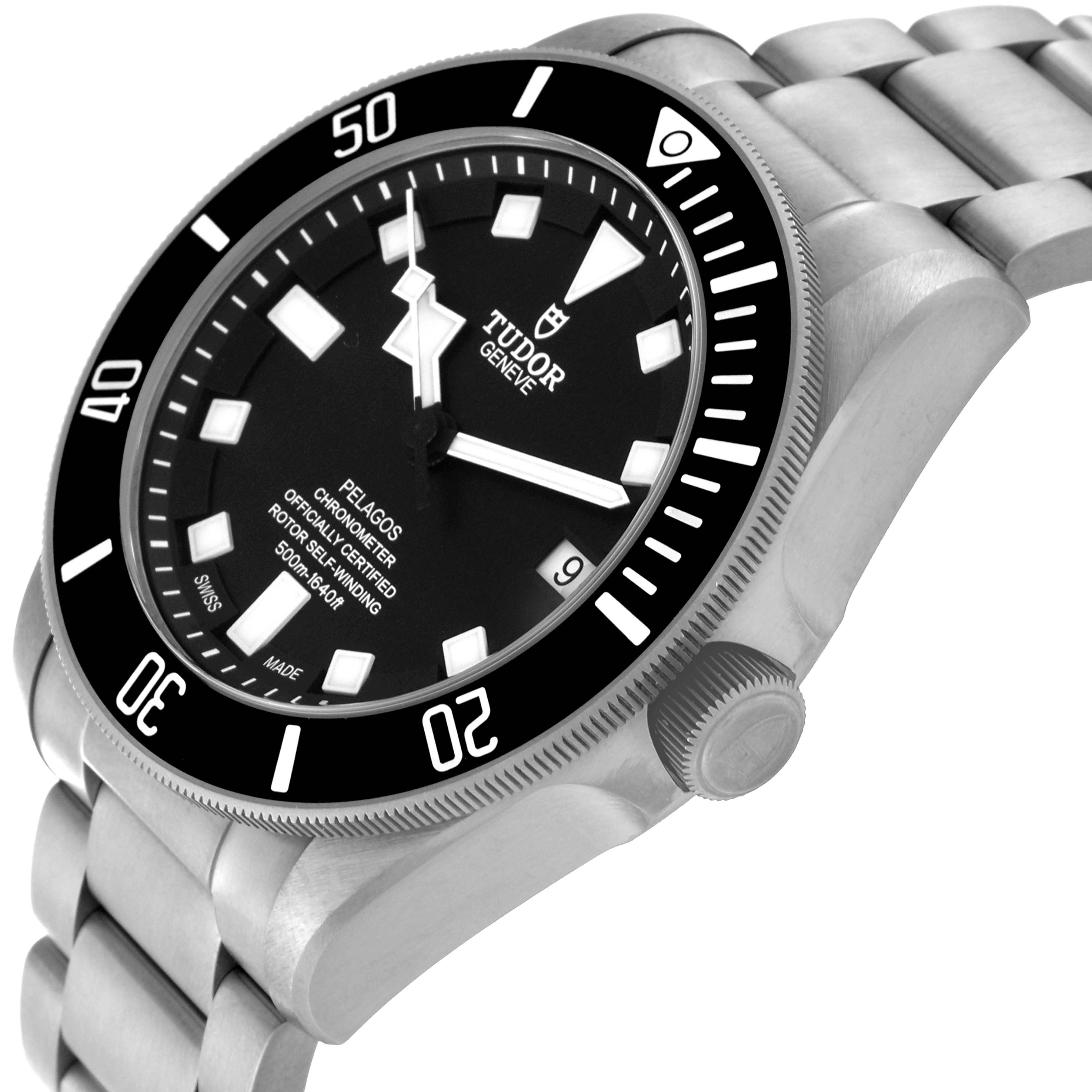 The Tudor Pelagos 25600TN Men
s Titanium Black Dial 25600TN Men
s Titanium Black Dial watch is shown at an angled view, displaying the face, bezel, crown, and part of the bracelet.