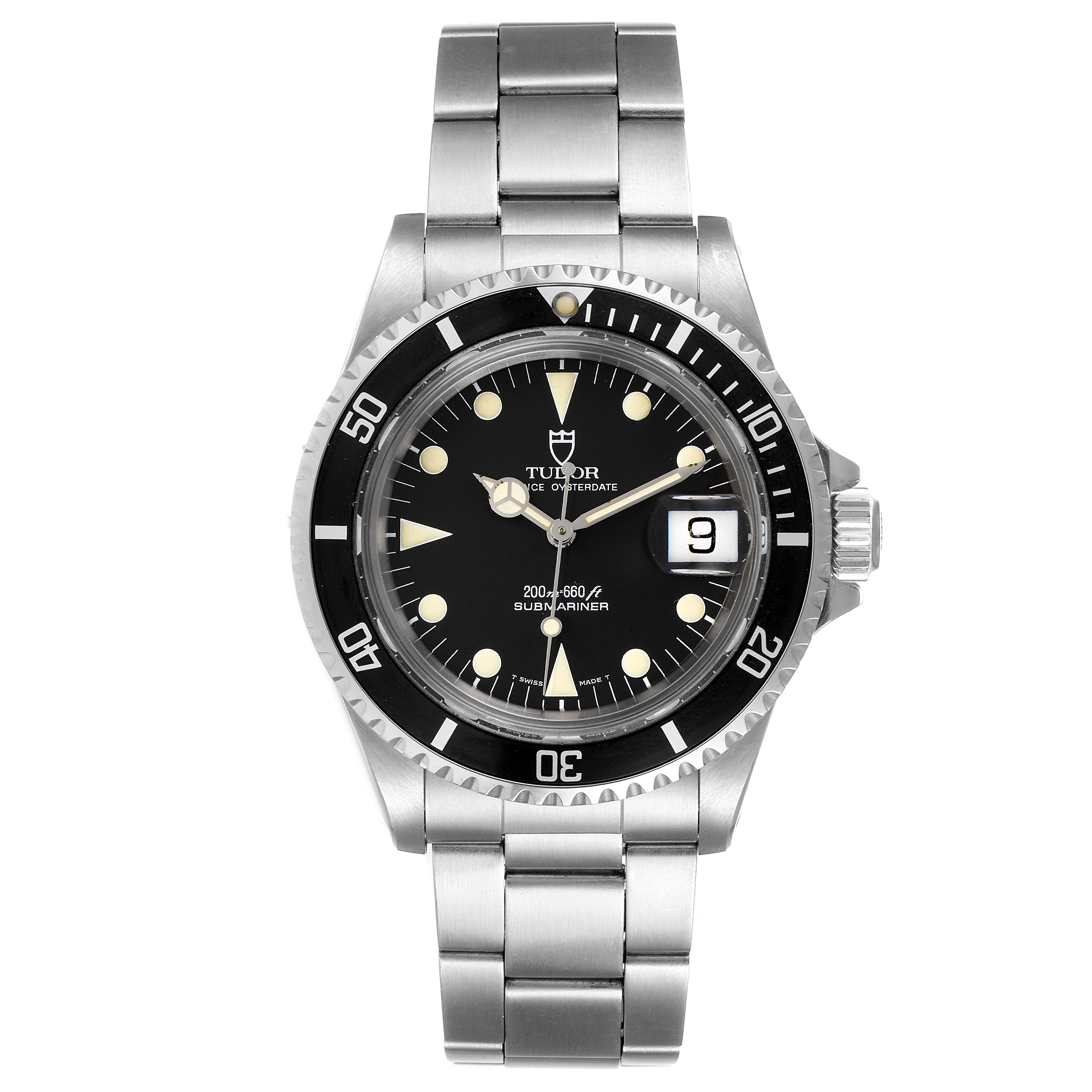 The image shows a full frontal view of a Tudor Submariner 79090 Men's Stainless Steel Black Dial 79090 Men's Stainless Steel Black Dial watch, highlighting its dial, bracelet, and bezel.