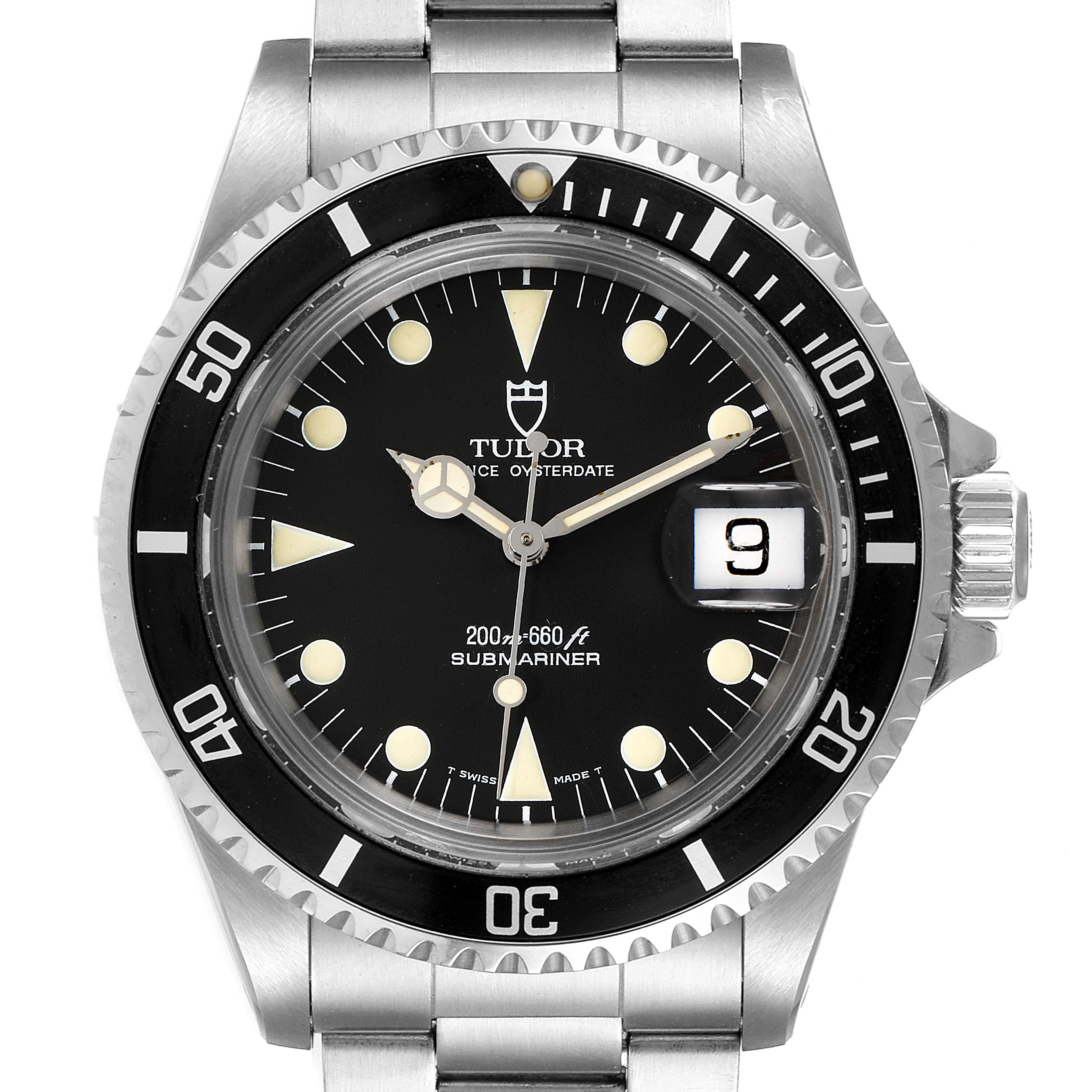 The image shows a frontal view of a Tudor Submariner 79090 Men's Stainless Steel Black Dial 79090 Men's Stainless Steel Black Dial watch, highlighting the dial, bezel, markers, hands, and date window.