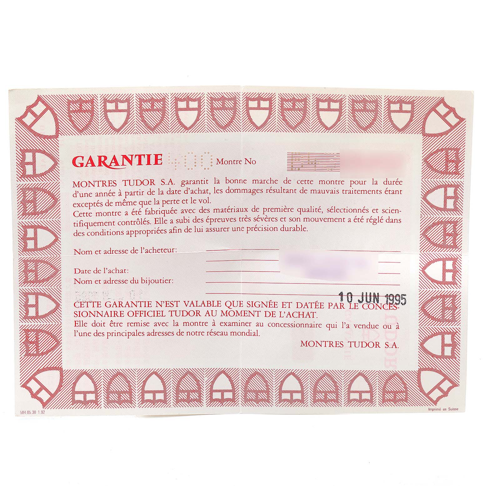 This image shows the warranty card for a Tudor Submariner 79090 Men's Stainless Steel Black Dial 79090 Men's Stainless Steel Black Dial watch, dated June 10, 1995.