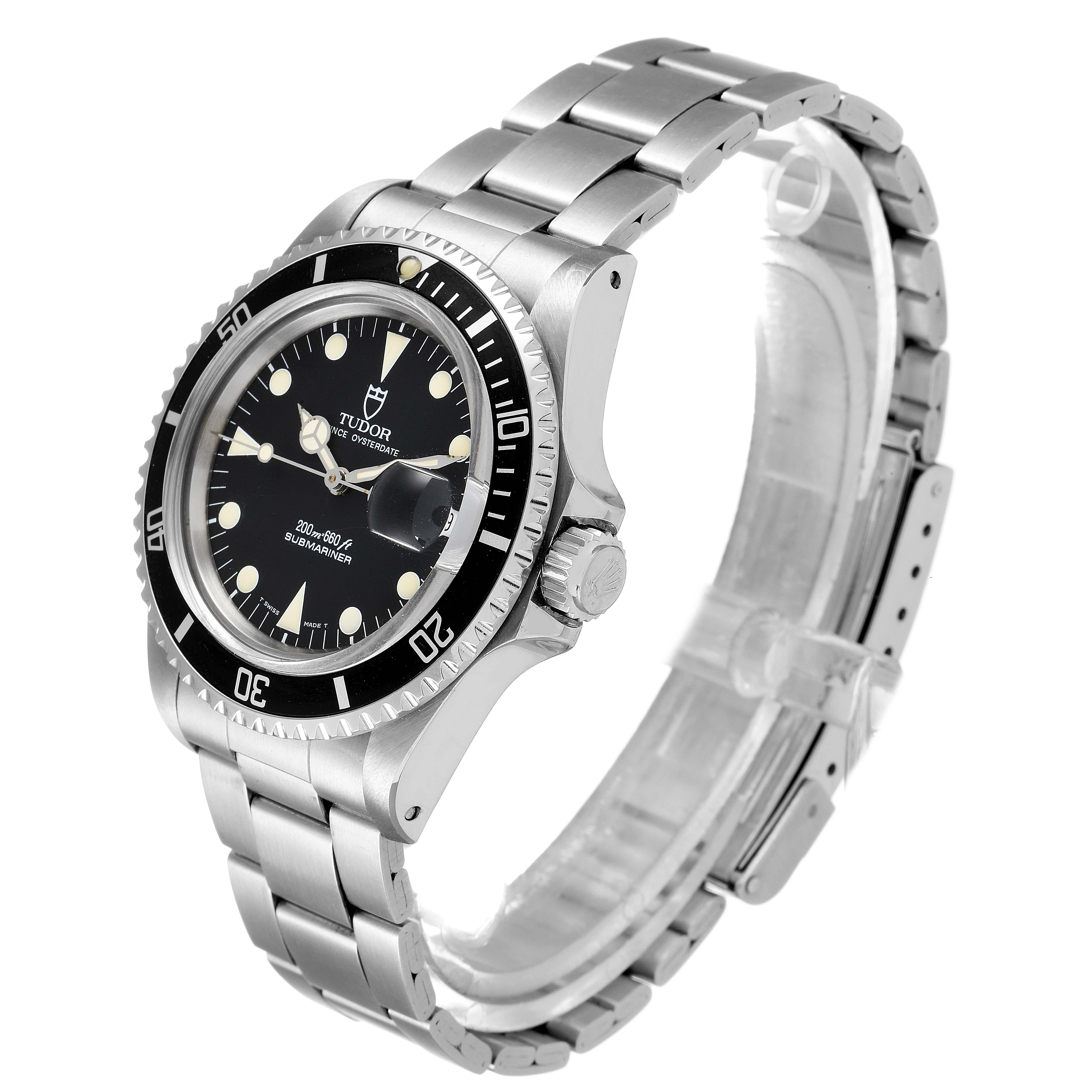 The image shows a Tudor Submariner 79090 Men's Stainless Steel Black Dial 79090 Men's Stainless Steel Black Dial watch angled from the front-left, displaying the face, bezel, crown, and bracelet.