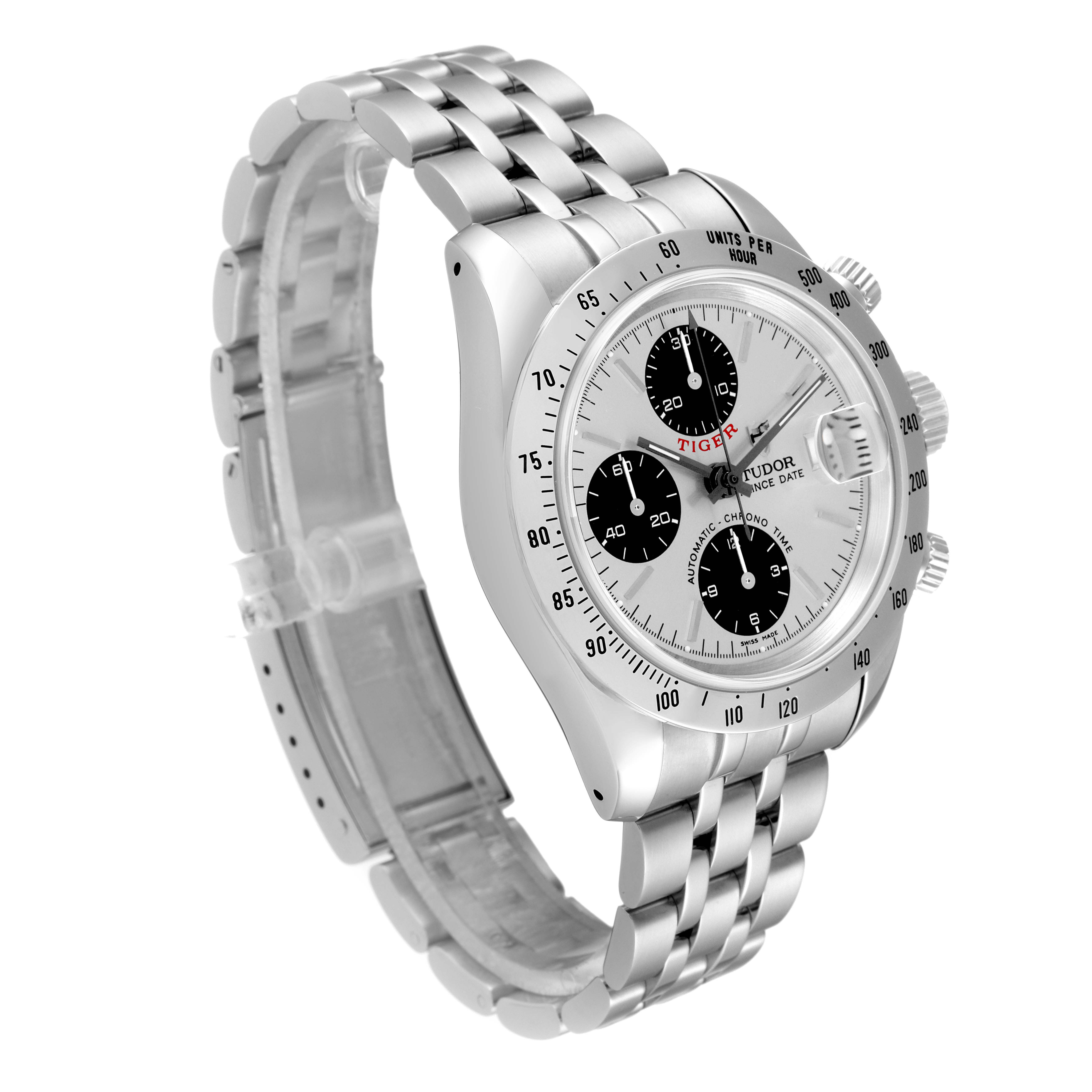 The image shows a Tudor Prince model watch at a three-quarter angle, highlighting its face, bezel, and bracelet.