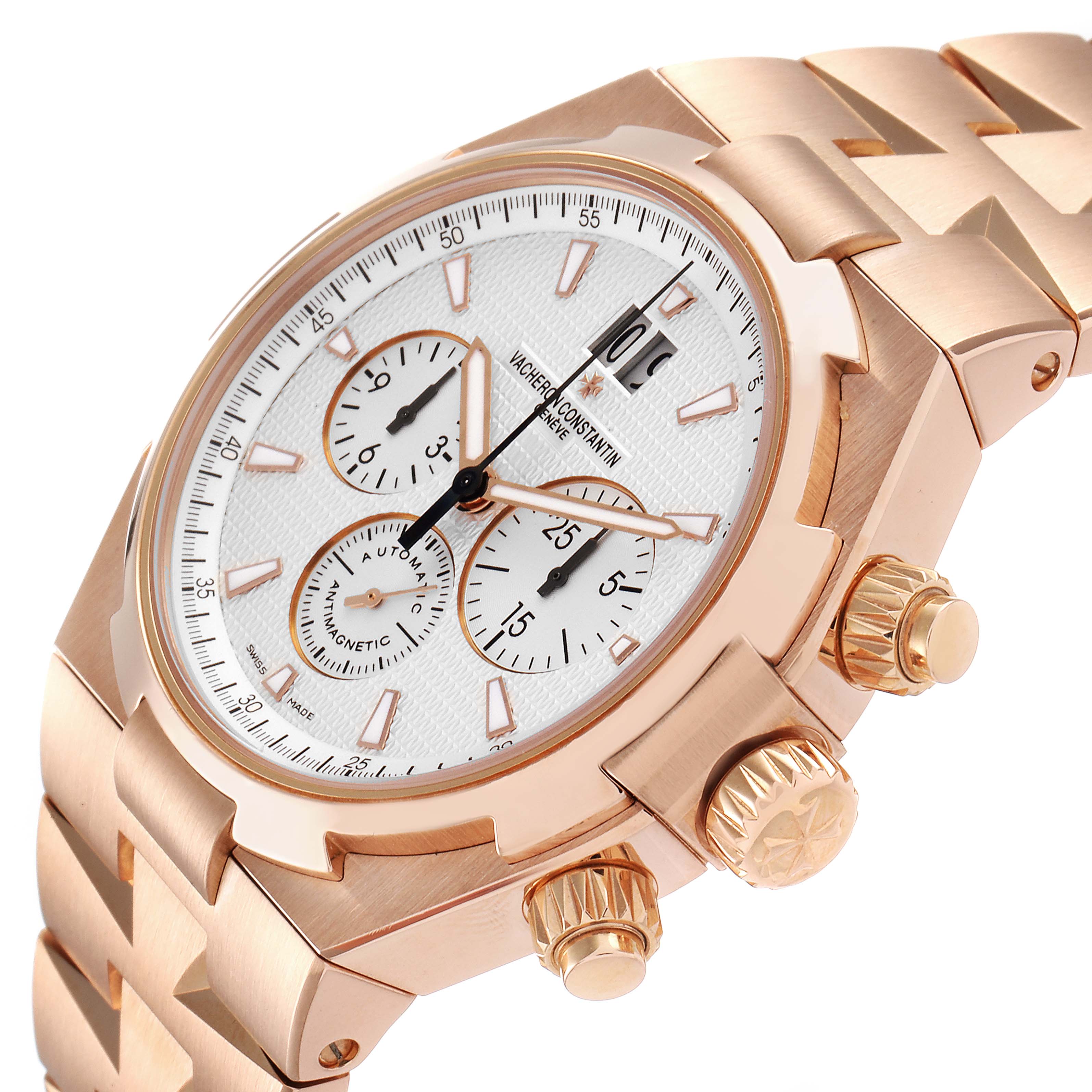 The image shows a close-up angle of a Vacheron Constantin Overseas 49150/B01R-9454 Men's Rose Gold Silver Dial 49150/B01R-9454 Men's Rose Gold Silver Dial watch, highlighting the dial, crown, and chronograph pushers.