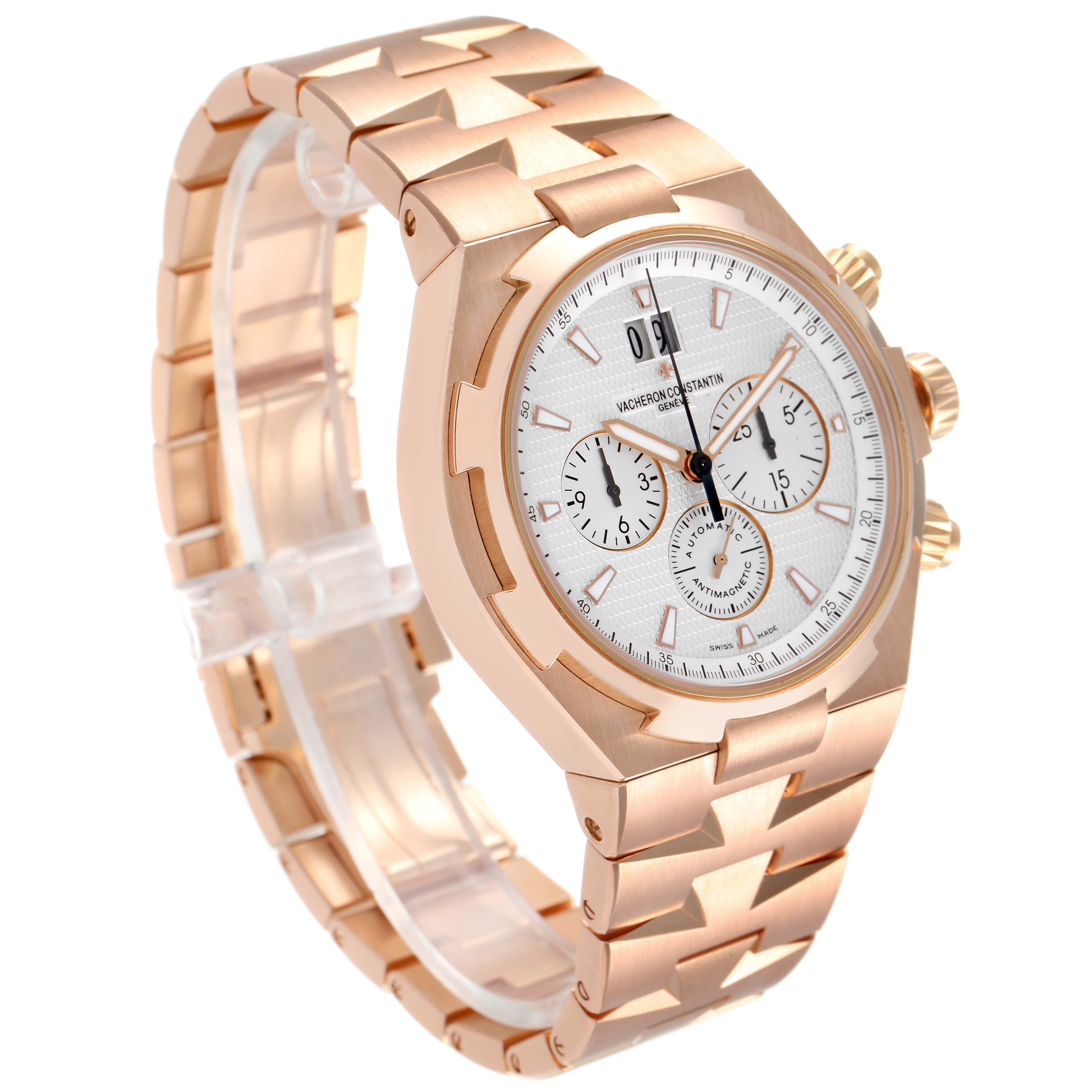 The Vacheron Constantin Overseas 49150/B01R-9454 Men's Rose Gold Silver Dial 49150/B01R-9454 Men's Rose Gold Silver Dial model watch is shown at a three-quarter angle, highlighting its rose gold bracelet, bezel, and dial.