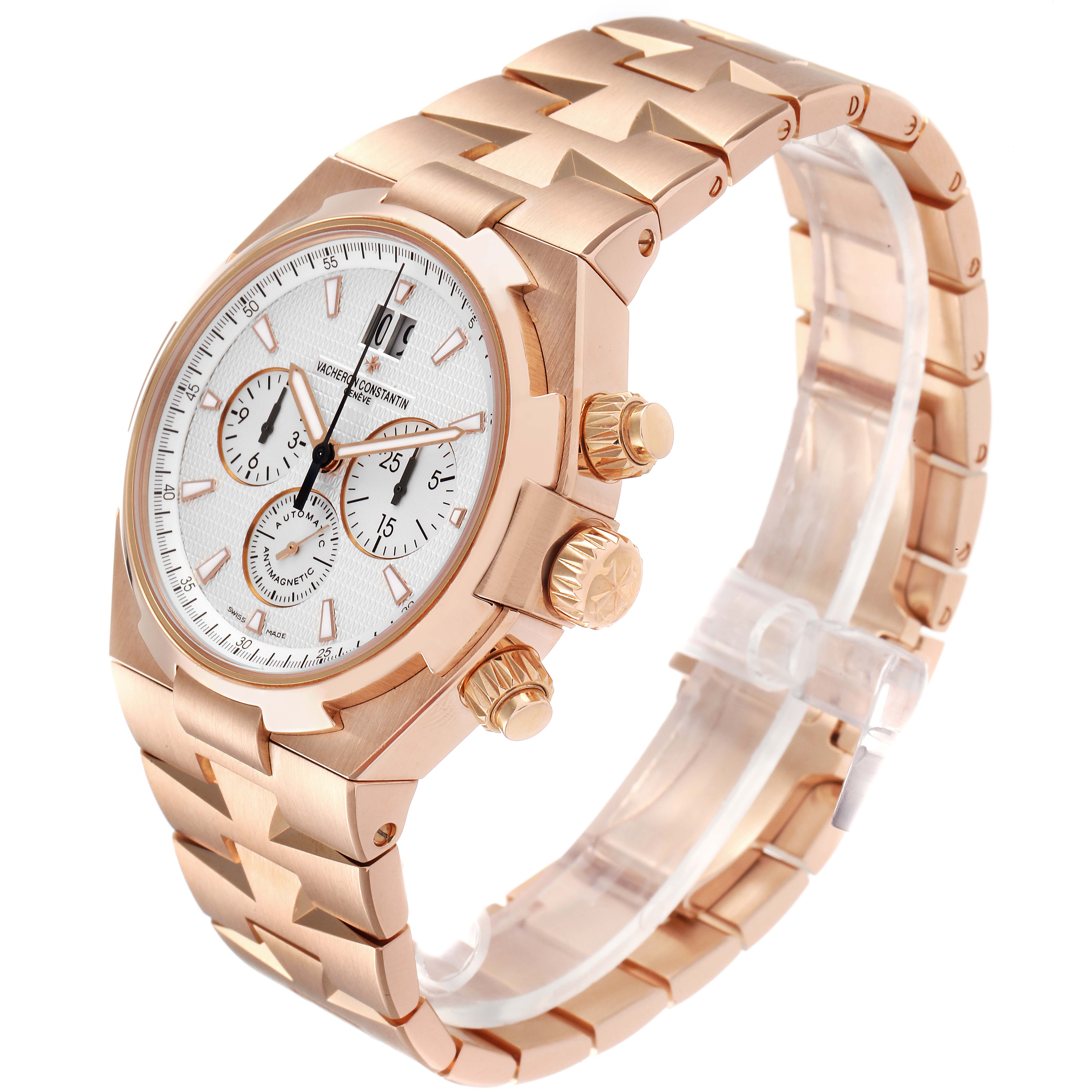 The Vacheron Constantin Overseas 49150/B01R-9454 Men's Rose Gold Silver Dial 49150/B01R-9454 Men's Rose Gold Silver Dial model watch is shown at a three-quarter angle, displaying the watch face, bracelet, and two crowns.