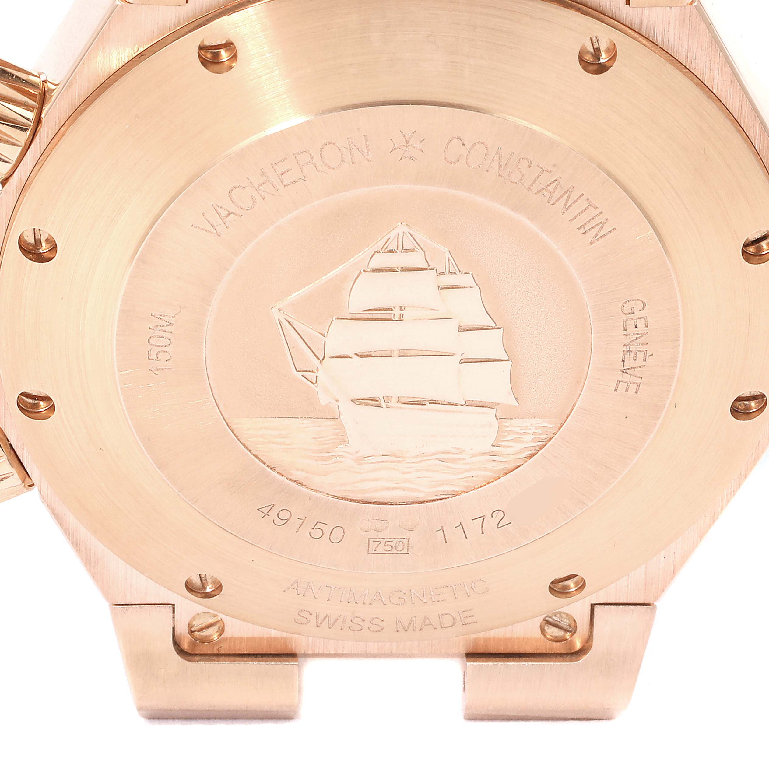 The image shows the back case of the Vacheron Constantin Overseas 49150/B01R-9454 Men's Rose Gold Silver Dial 49150/B01R-9454 Men's Rose Gold Silver Dial watch, highlighting the engravings and design.
