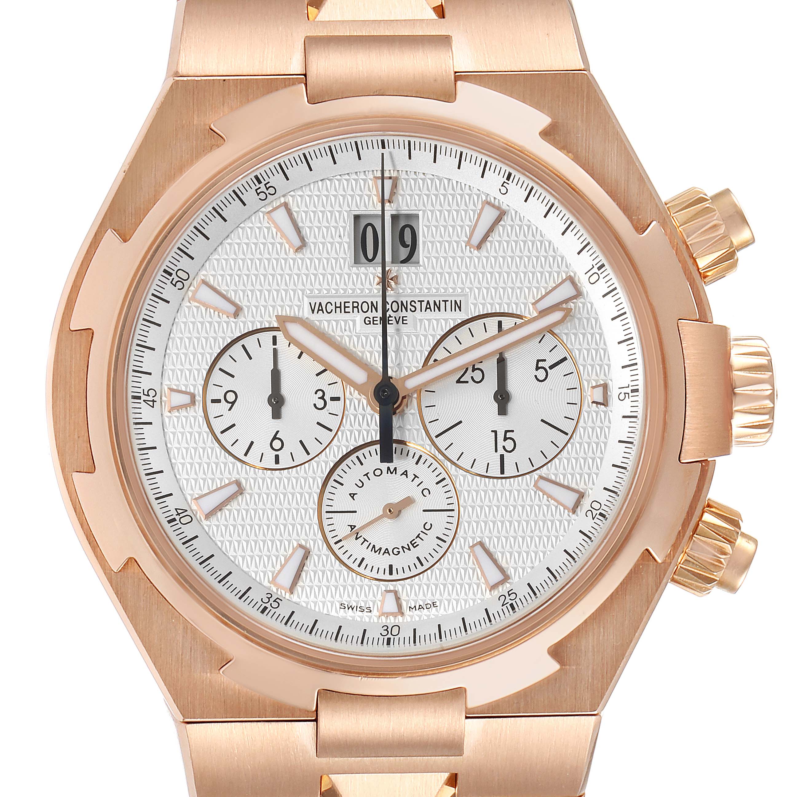 The image shows a close-up of the Vacheron Constantin Overseas 49150/B01R-9454 Men's Rose Gold Silver Dial 49150/B01R-9454 Men's Rose Gold Silver Dial model watch dial and case in rose gold.