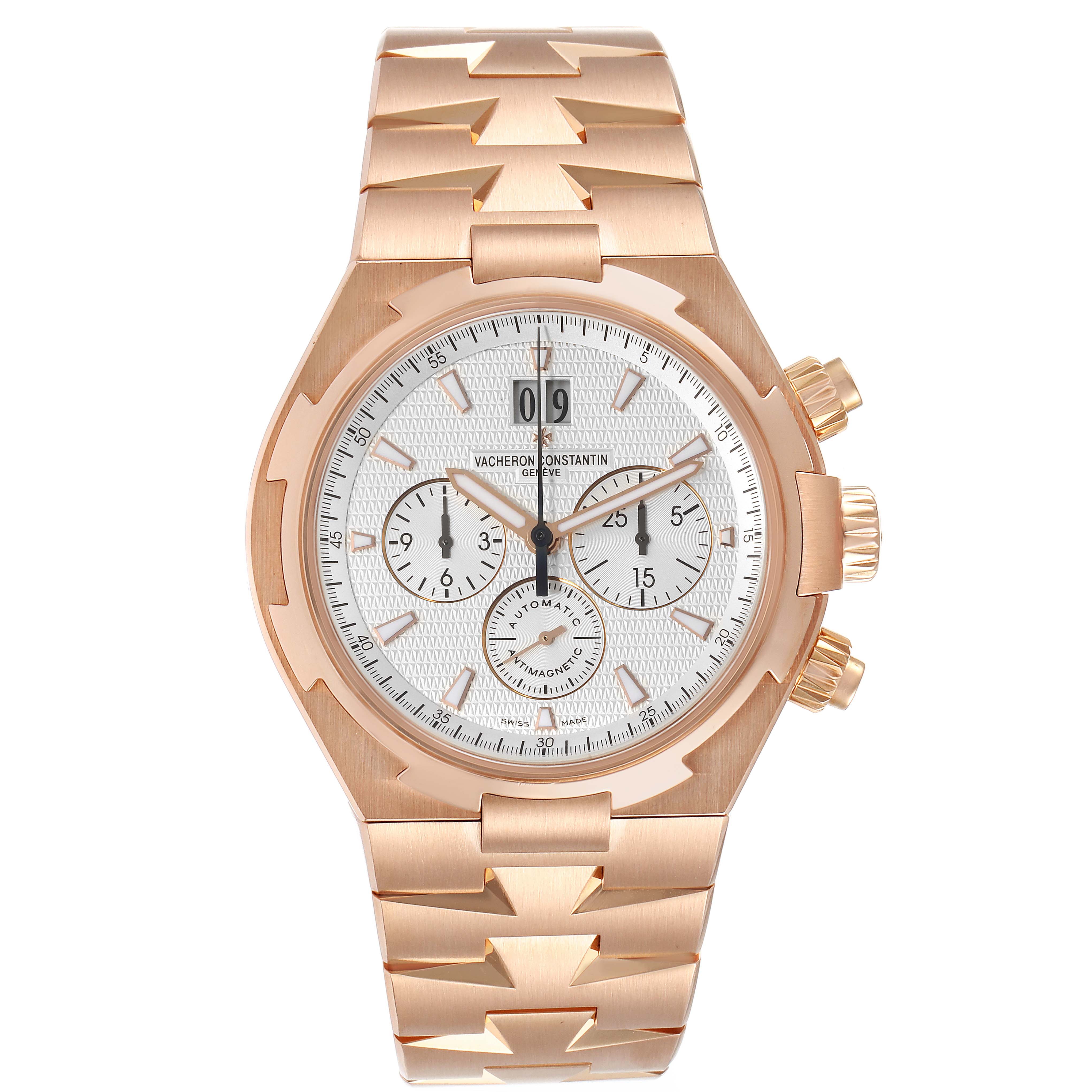 This Vacheron Constantin Overseas 49150/B01R-9454 Men's Rose Gold Silver Dial 49150/B01R-9454 Men's Rose Gold Silver Dial watch is shown from a front angle, displaying its dial, frame, and segmented metal strap.