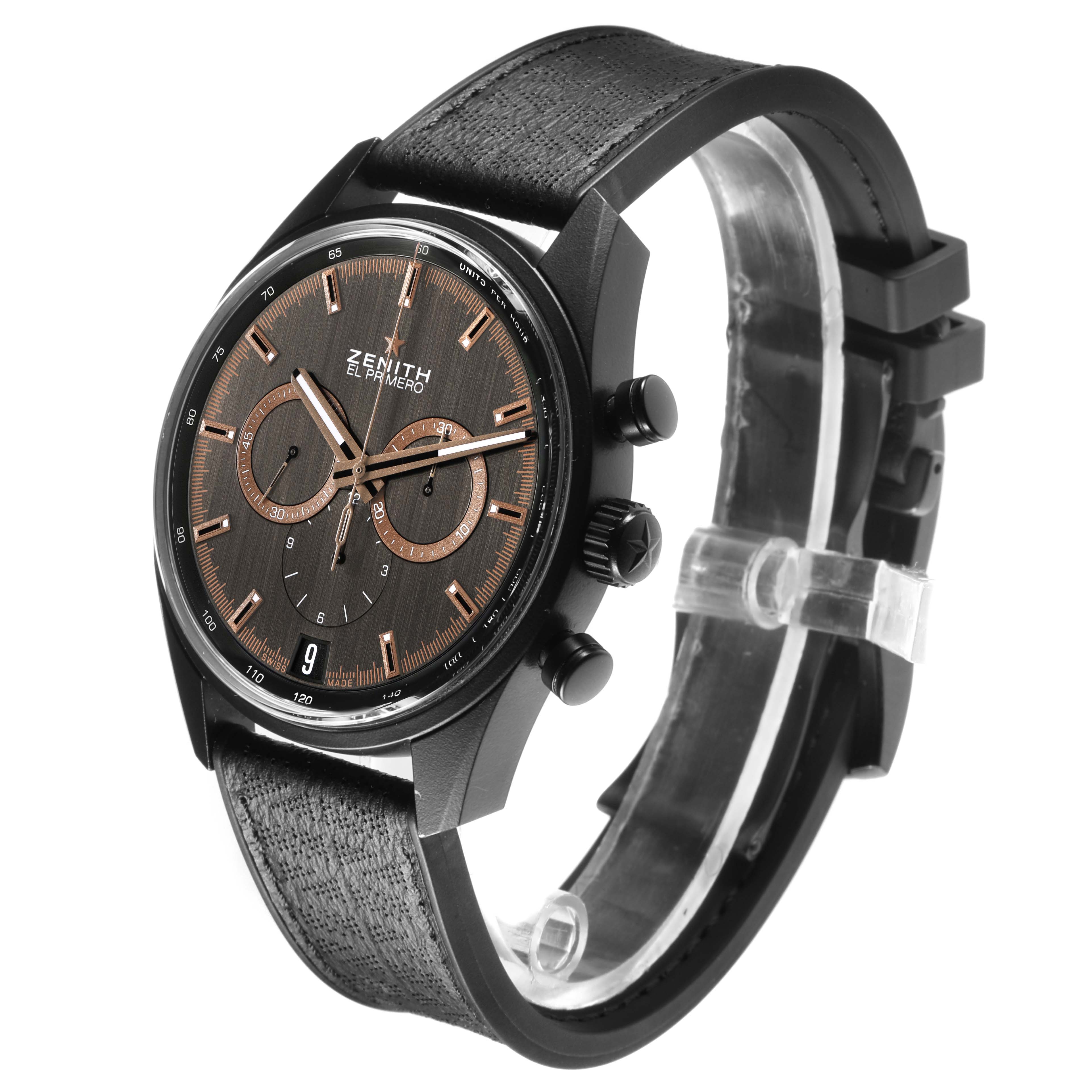 The Zenith Chronomaster 24.2042.400 Men's Ceramic Grey Dial watch is shown at a three-quarter angle, highlighting the face, side buttons, and leather strap.