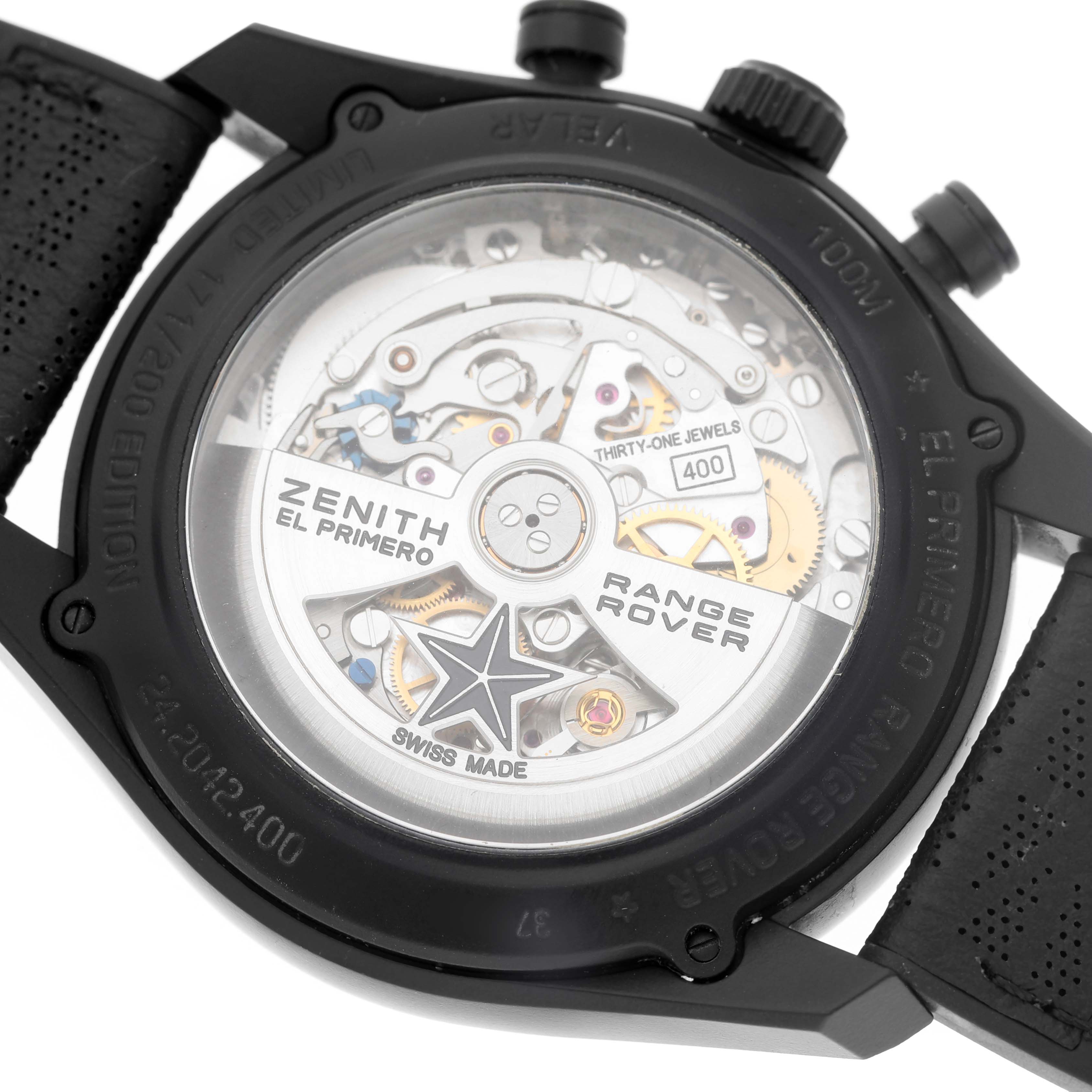 The image shows the back of a Zenith Chronomaster 24.2042.400 Men's Ceramic Grey Dial, highlighting the exposed movement with "El Primero" and "Range Rover" text.