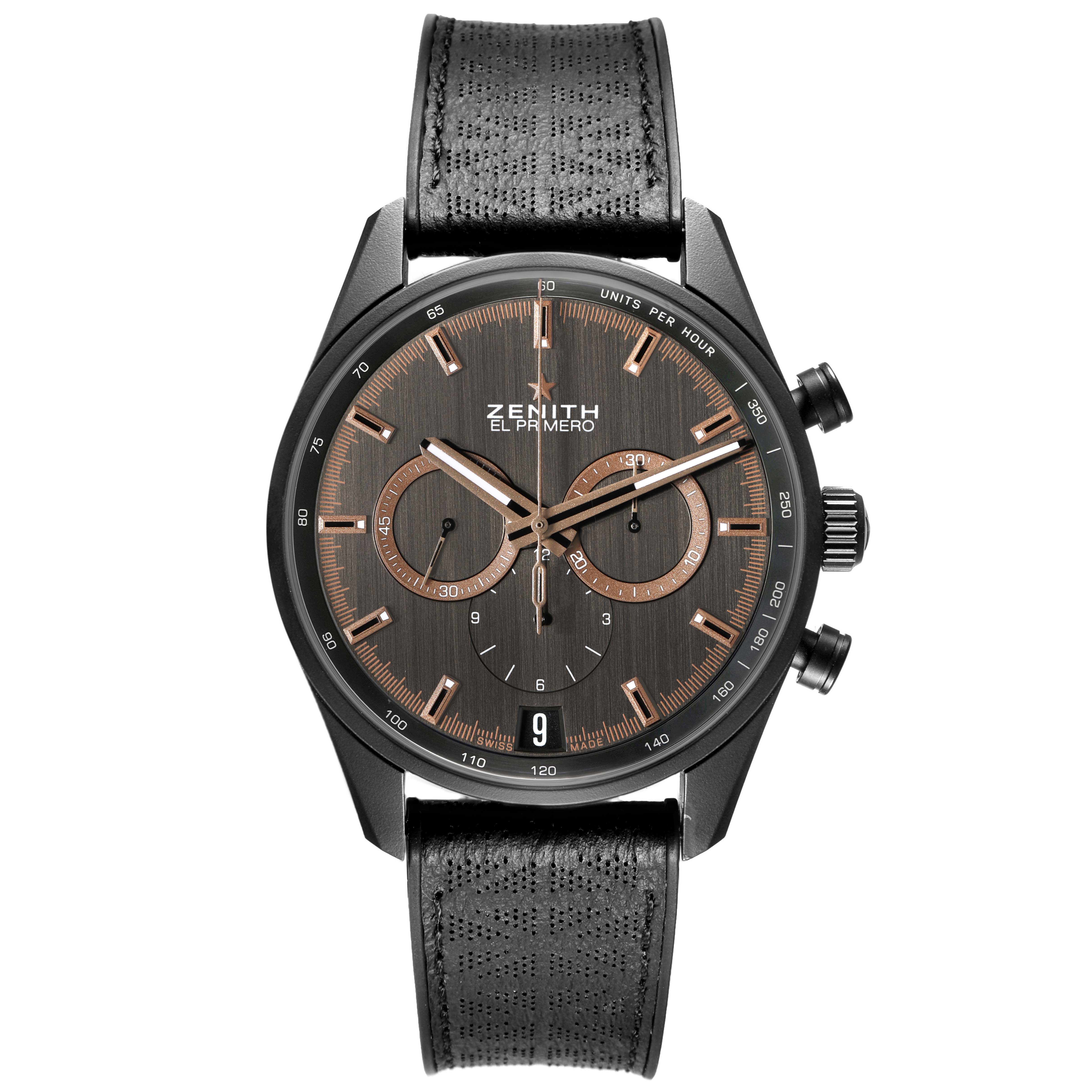 The Zenith Chronomaster 24.2042.400 Men's Ceramic Grey Dial watch is shown from a front angle, displaying its face, subdials, crown, and strap.