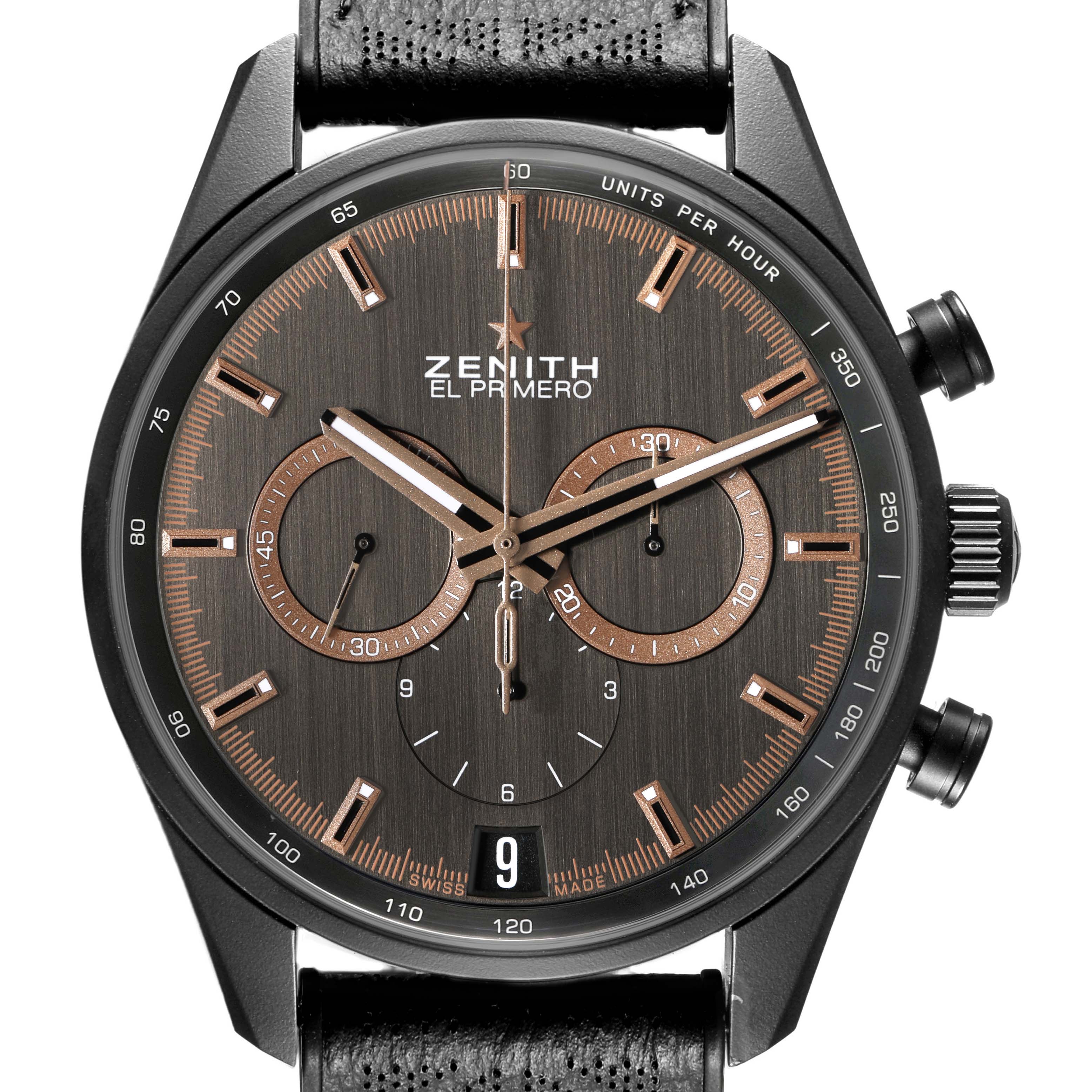 The Zenith Chronomaster 24.2042.400 Men's Ceramic Grey Dial watch is shown from the front, displaying the face, subdials, and crown.
