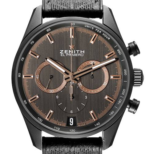 The Zenith Chronomaster 24.2042.400 Men's Ceramic Grey Dial watch is shown from a top-down angle, highlighting the face, sub-dials, and bezel with the strap partially visible.