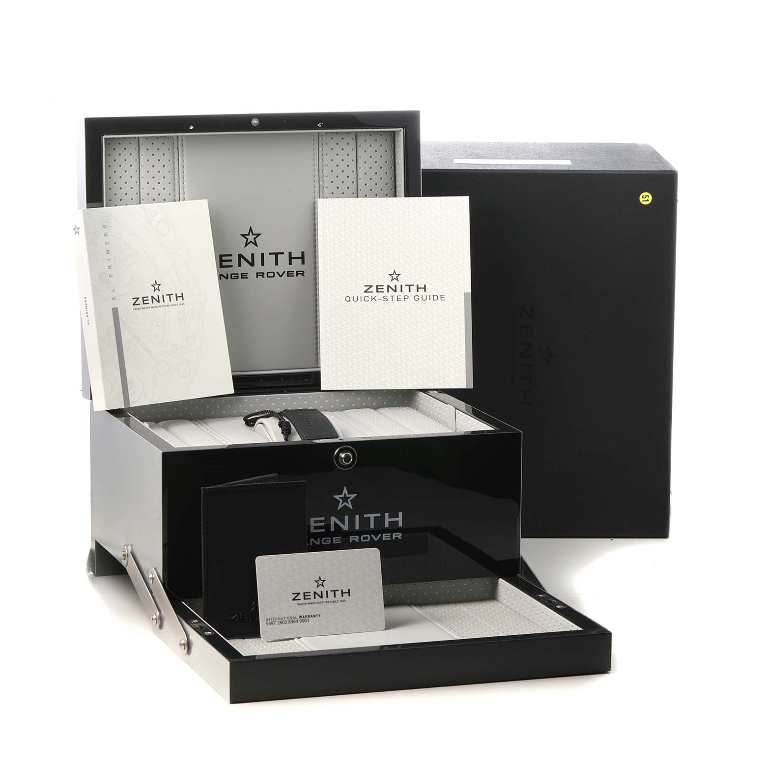 The image shows a Zenith Chronomaster 24.2042.400 Men's Ceramic Grey Dial watch box with documents, viewed from the front.