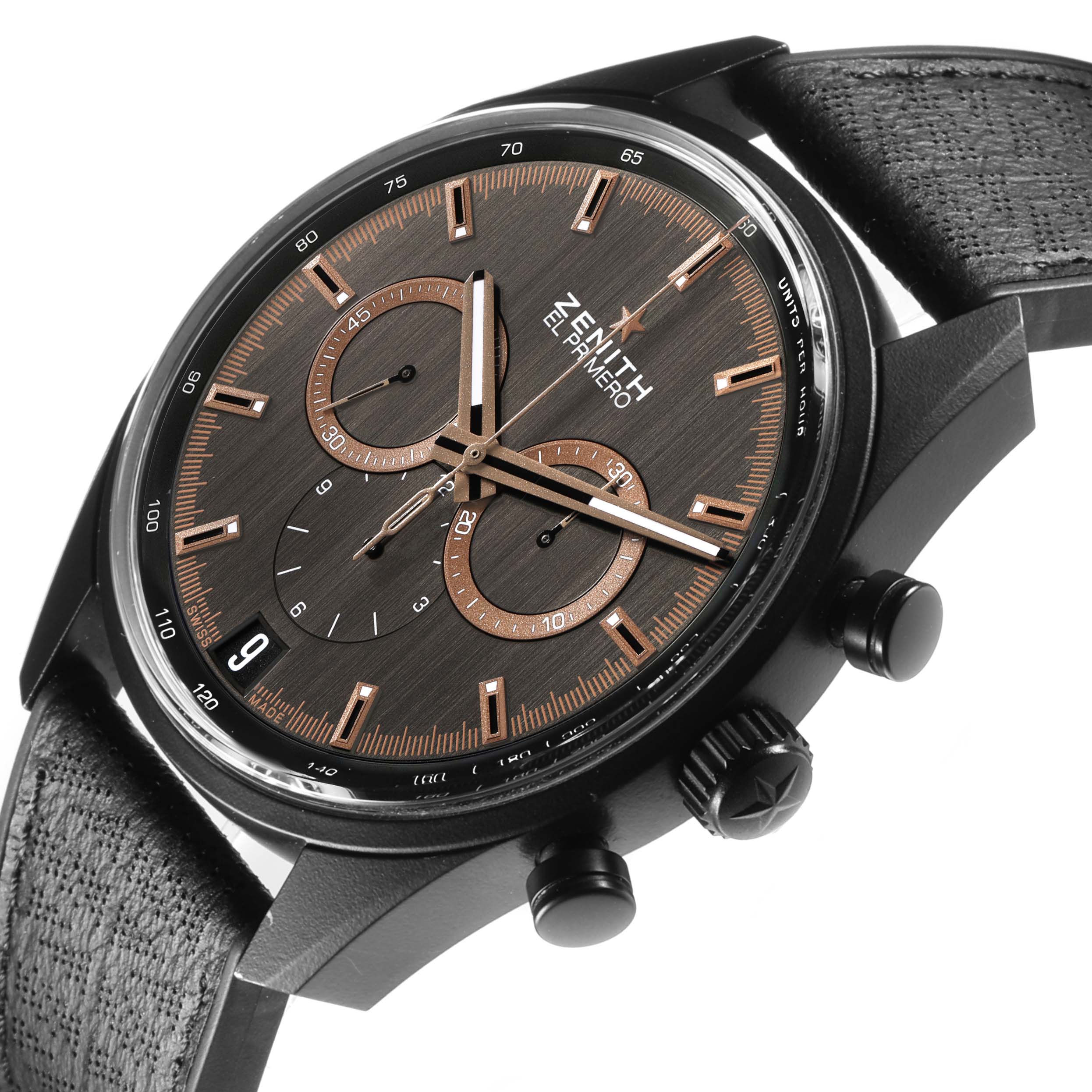 The Zenith Chronomaster 24.2042.400 Men's Ceramic Grey Dial watch is shown at an angle highlighting the face, subdials, side pushers, and textured strap.