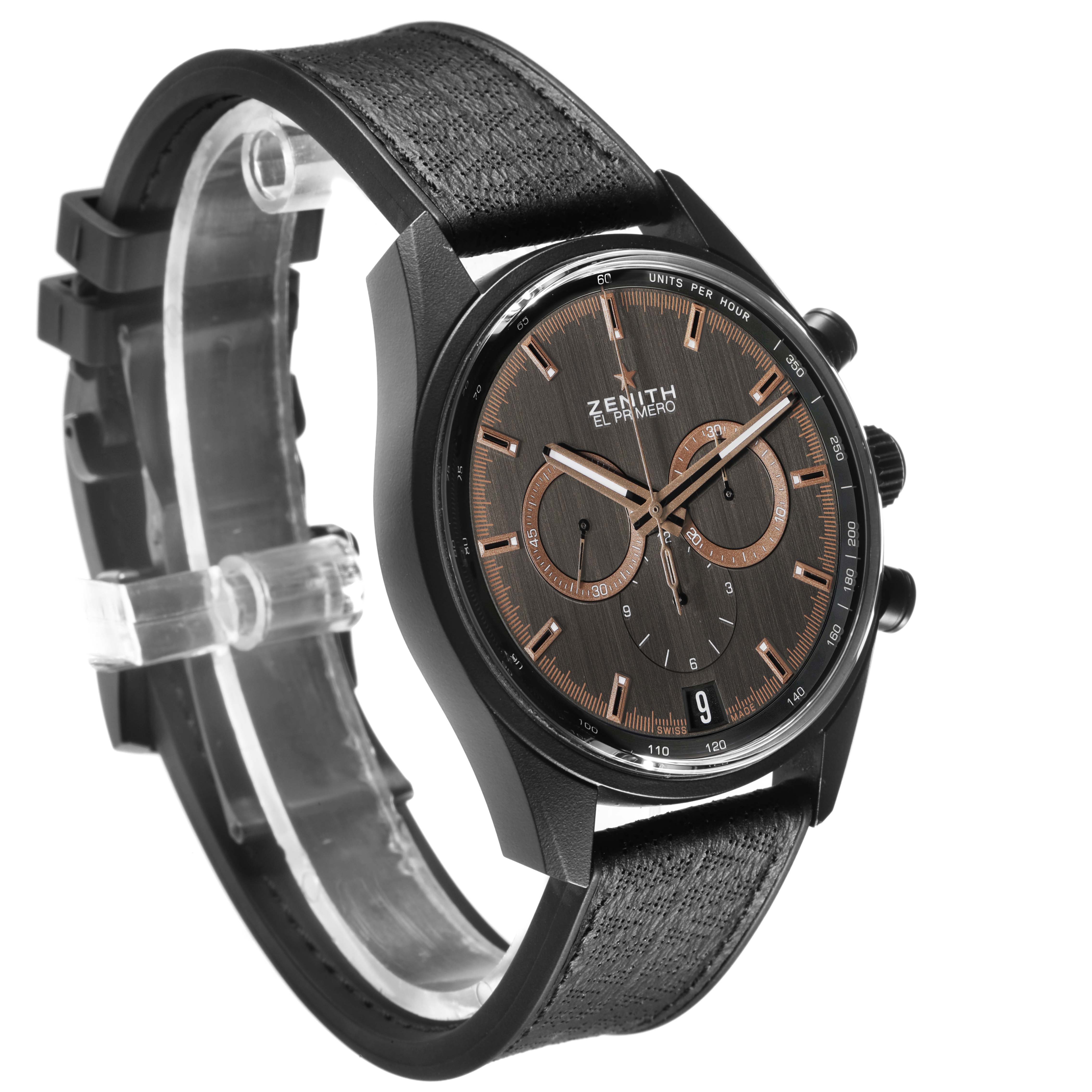 The Zenith Chronomaster 24.2042.400 Men's Ceramic Grey Dial watch is shown at a three-quarter angle, highlighting the dial, bezel, and strap.