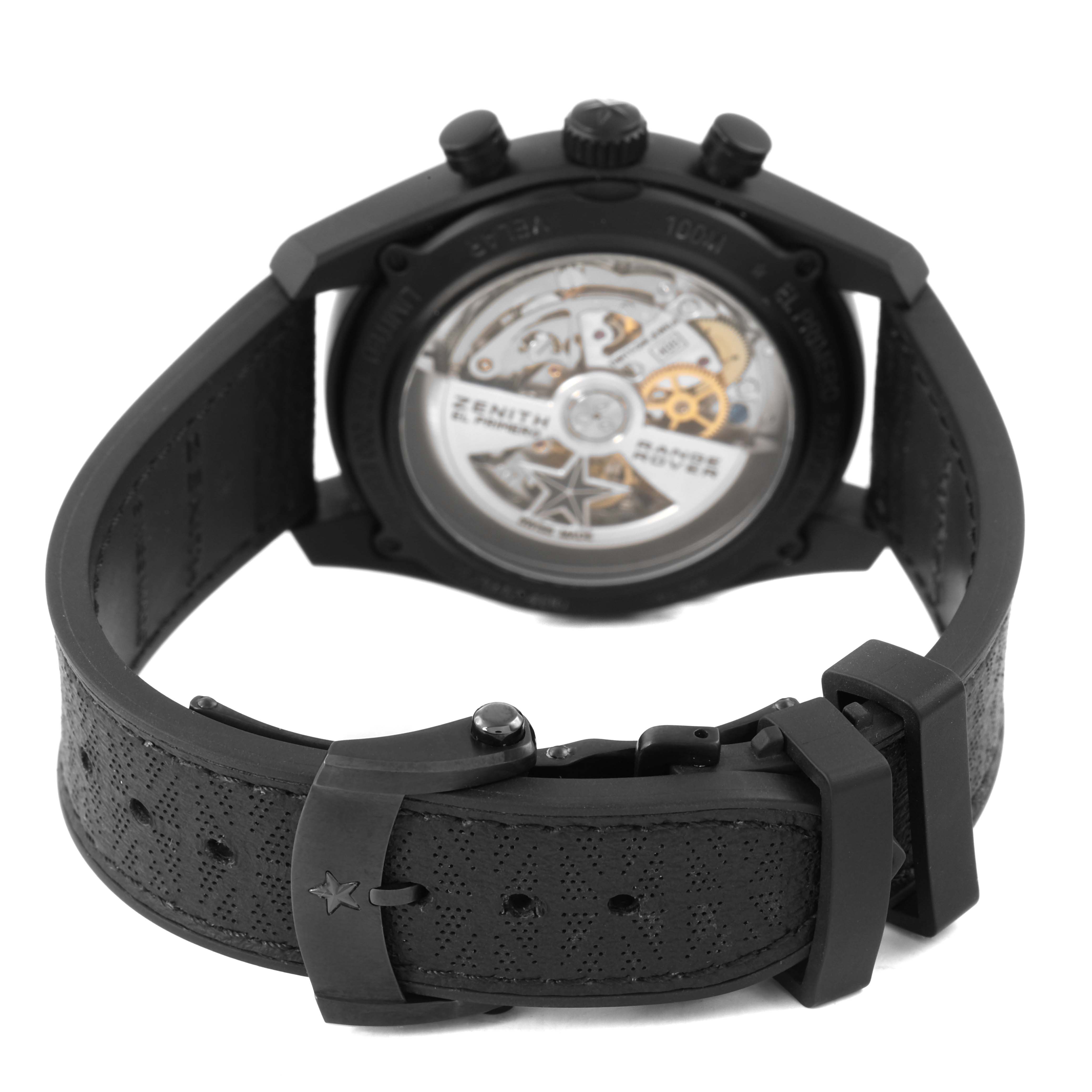 The image shows the back view of a Zenith Chronomaster 24.2042.400 Men's Ceramic Grey Dial watch, highlighting the movement and black strap.