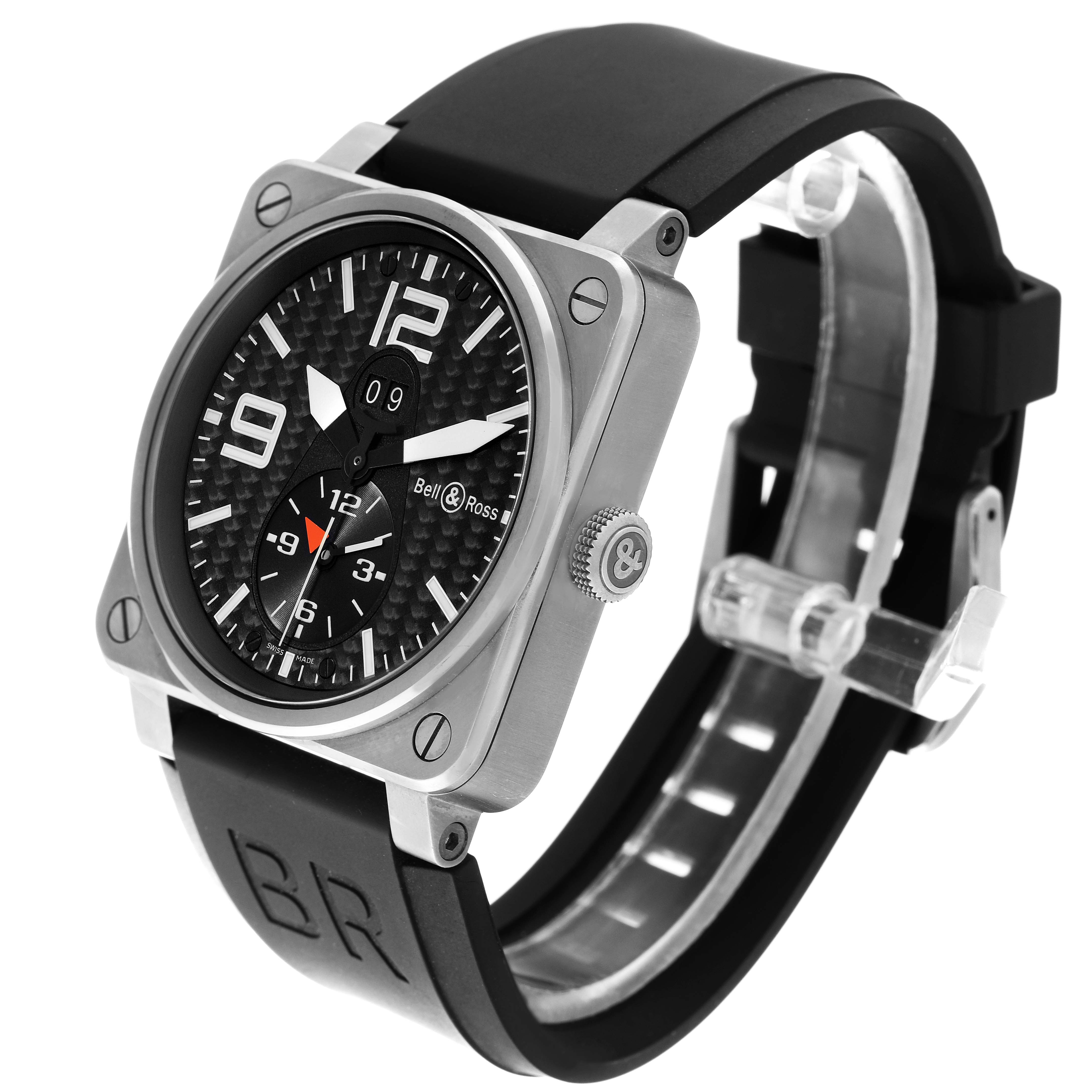 The Bell & Ross Aeronavale watch is shown from a front-left angle, highlighting the dial, case, crown, and strap.